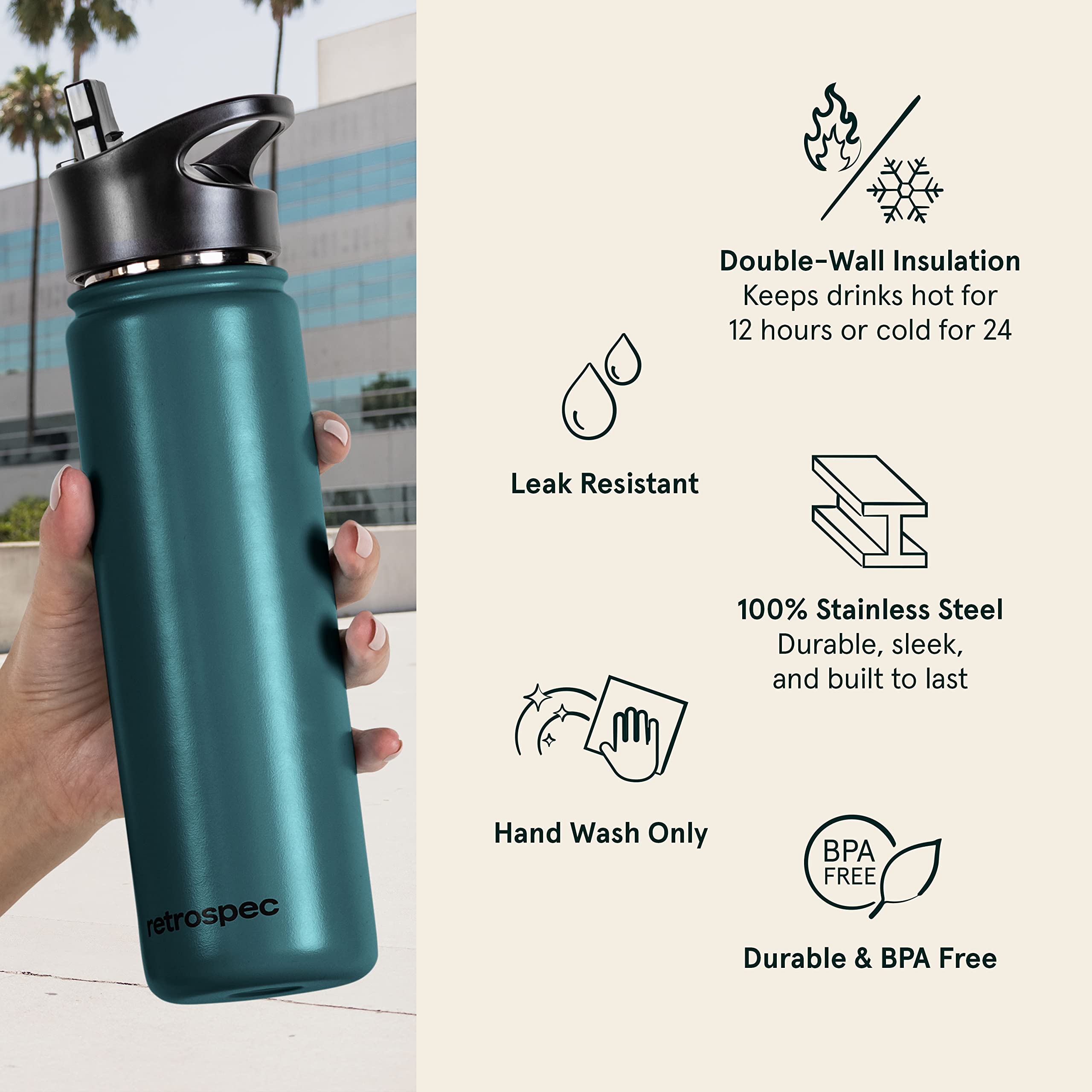 Retrospec Alder Insulated Water Bottle with Straw Lid & Handle Cap - Stainless Steel Wide Mouth Double-Wall Vacuum Insulated Thermos - BPA Free Leakproof Canteen - Superior Blue, 32oz 3
