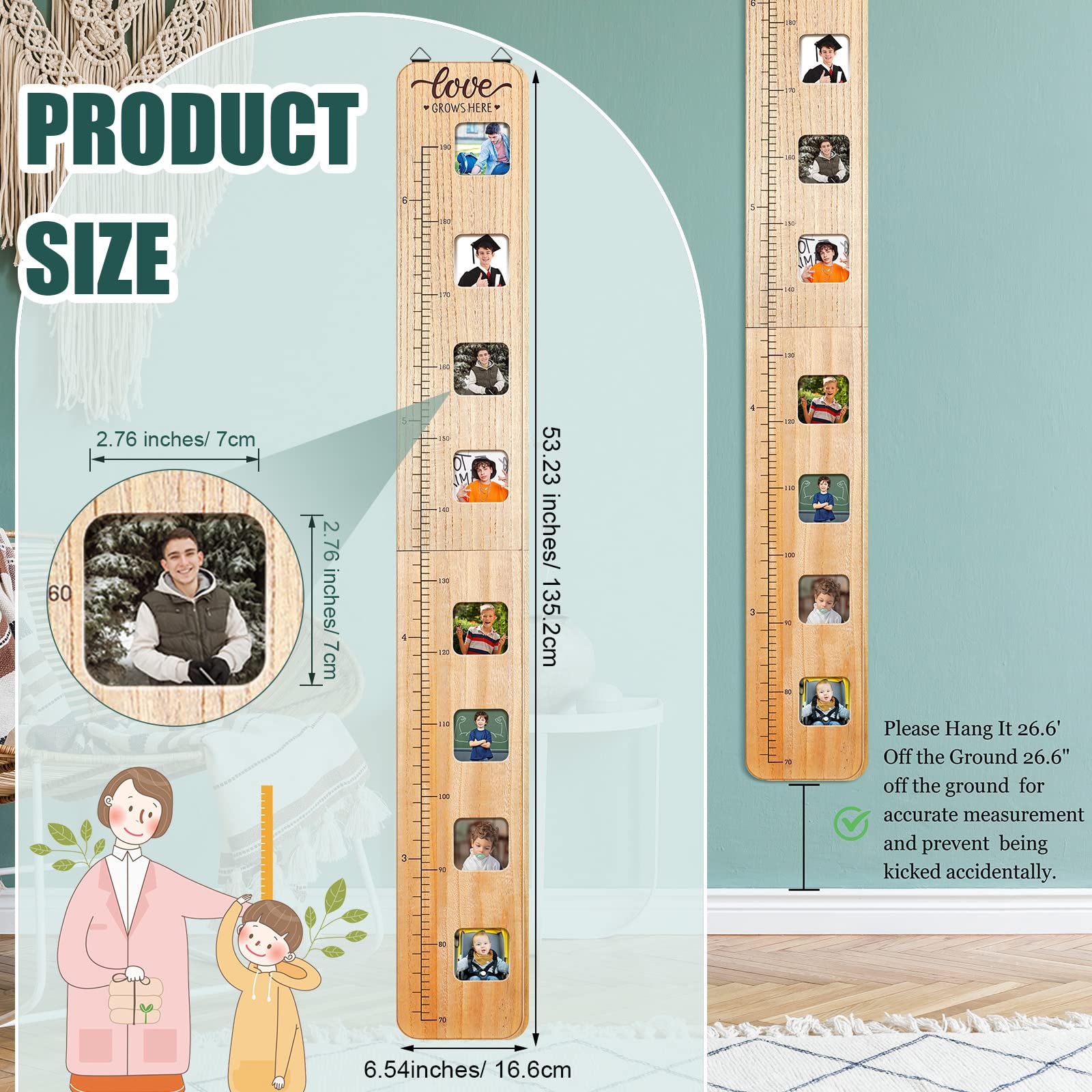 Wood Growth Chart for Kids with Picture Frames Boho Wooden Height Measurement Ruler Milestone Markers Foldable Height Chart for Kids Measuring Chart for Wall Boy Girl Room Nursery Decor Keepsake Gift 3