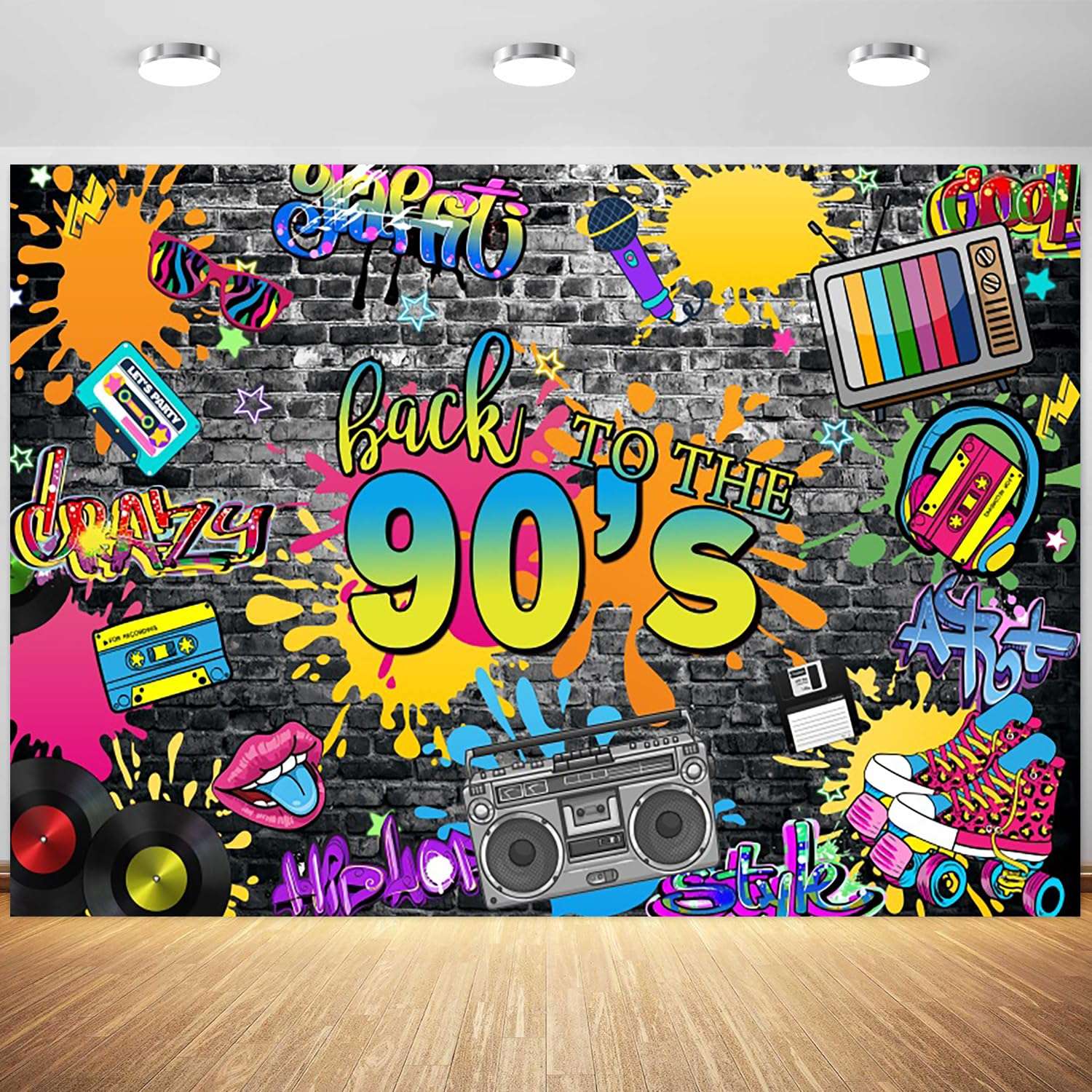 7x5ft 90s Backdrop Back to The 90s Photography Background Hip Pop Graffiti Brick Wall Retro Radio Fashion 90s Theme Party Banner Decorations Supplies Photo Booth Props 1