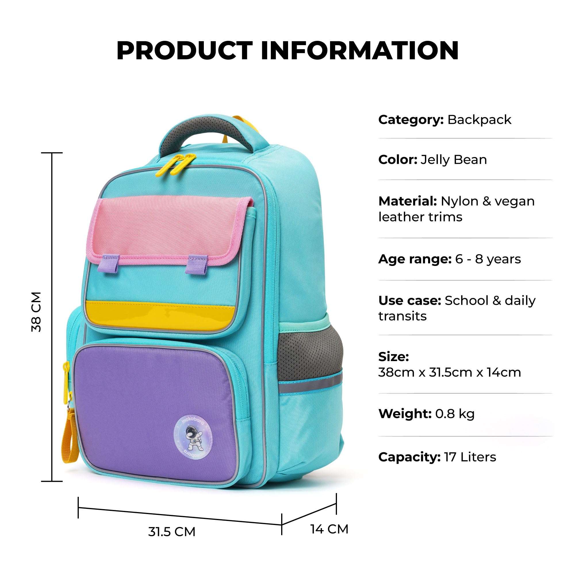 Mokobara The Cheddar Backpack - Lightweight Water-Resistant School Backpack for Kids (6-8 Year) with Magicmove Logo and Reflective Stripe Ideal for School, Travel, and Outdoor Adventures (Jelly Bean) 4
