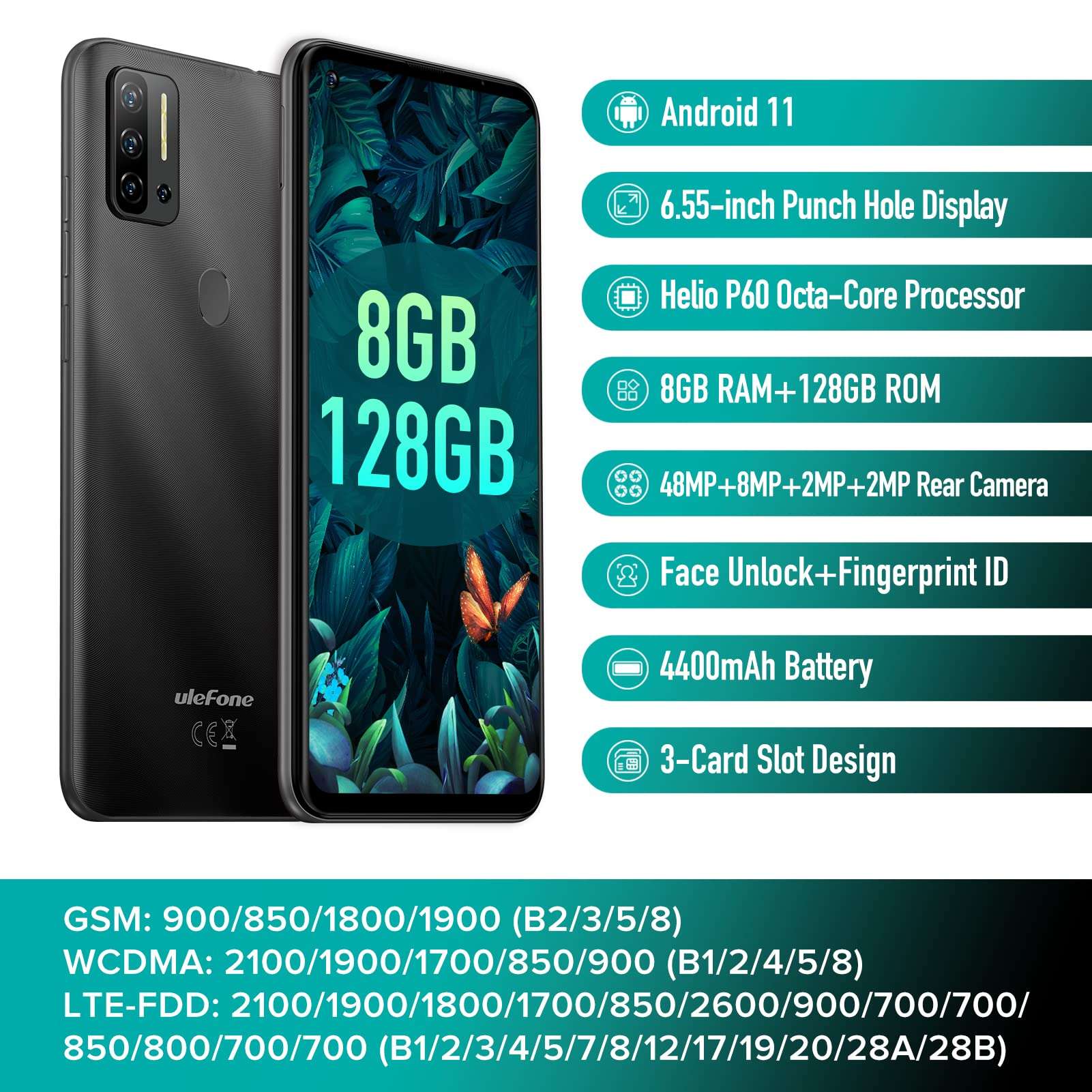 Ulefone Note 11P 4G Unlocked Cell Phones, 6.55' HD+ Ultra-Large Screen 48MP AI Quad Camera, Android 11 Octa-Core 8GB + 128GB,4500mAh Big Battery, Face Unlock Finger Reader Unlocked Smartphones - Black 2