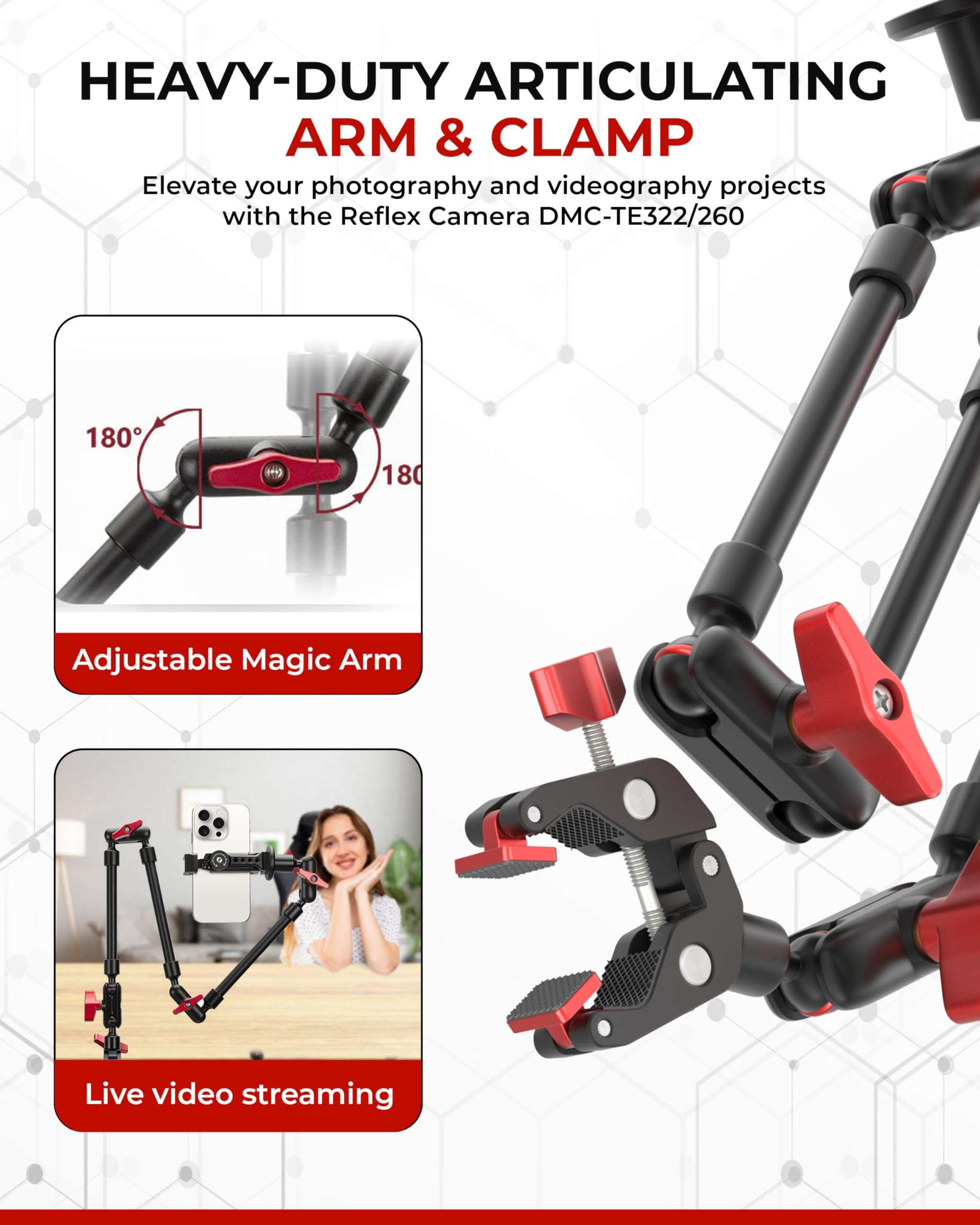 REFLEX CAMERA Metal Articulating 32" Magic Arm with Super Clamp Overhead Camera Mount – 1kg Load Capacity, Boom Arm with 1/4", 3/8" Screws Mounts - Photography, Videography & Streaming - Adjustable 6