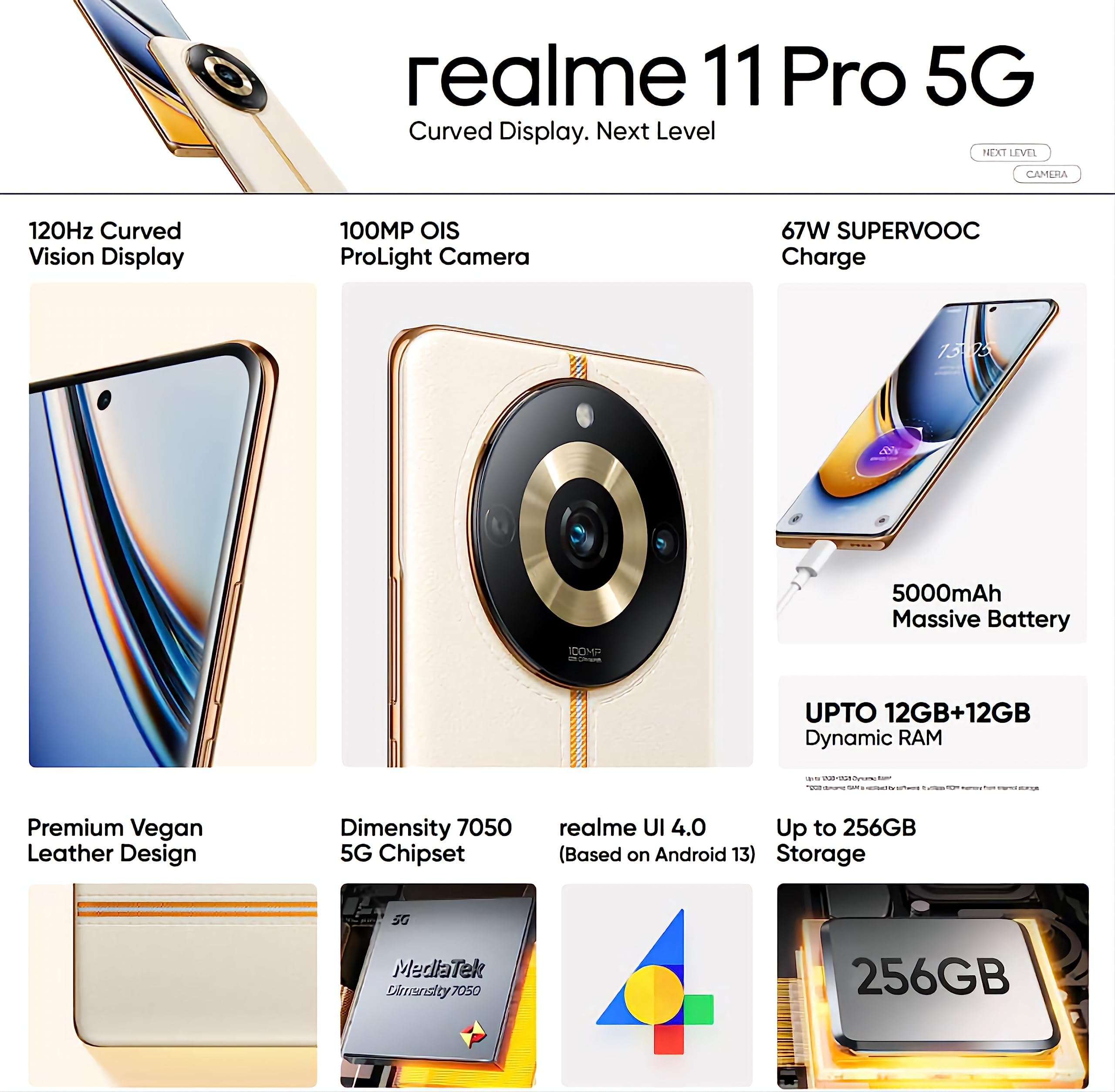 realme 11 Pro 5G (Sunrise Beige, 8GB RAM, 256GB Storage) | 120 Hz Curved Display | 100MP Prolight Camera | 7050 5G Dimensity | 67W SUPERVOOC | 12GB Dynamic RAM | Premier Vegan Leather Finish Design 2