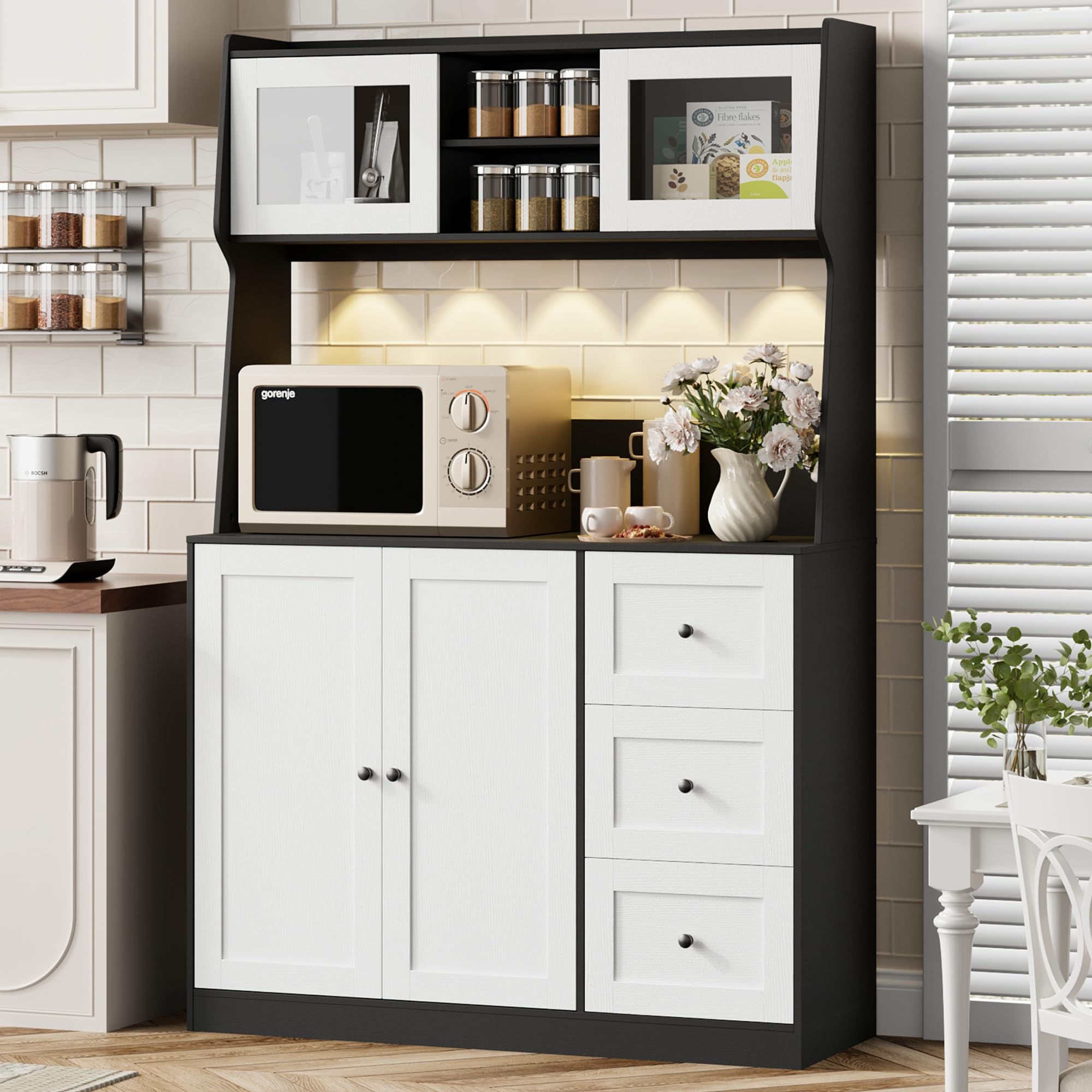 Kitchen Pantry Cabinet with Storage, Buffet Cabinet with Countertop for Microwave Stand, Tall Sideboard Storage Hutch Cabinets with LED, 3 Drawers & Adjustable Shelves for Dining Room, Black and White 4
