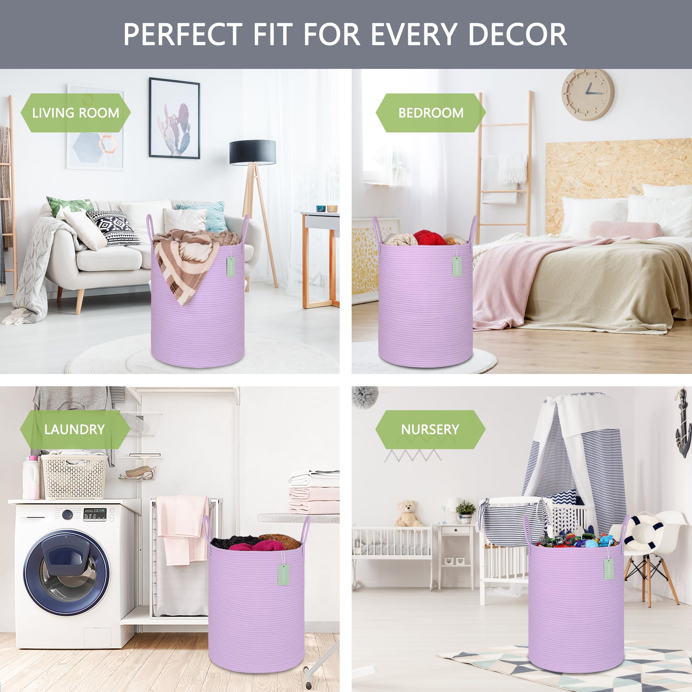 BOSROTY Large Cotton Rope Laundry Hamper 65L, Baby Nursery Hamper Bin with Handles, Woven Storage Basket for Living Room Bedroom, Tall Blanket Basket for Storage Toys Clothes Towels, 16”x 20”, Purple 4