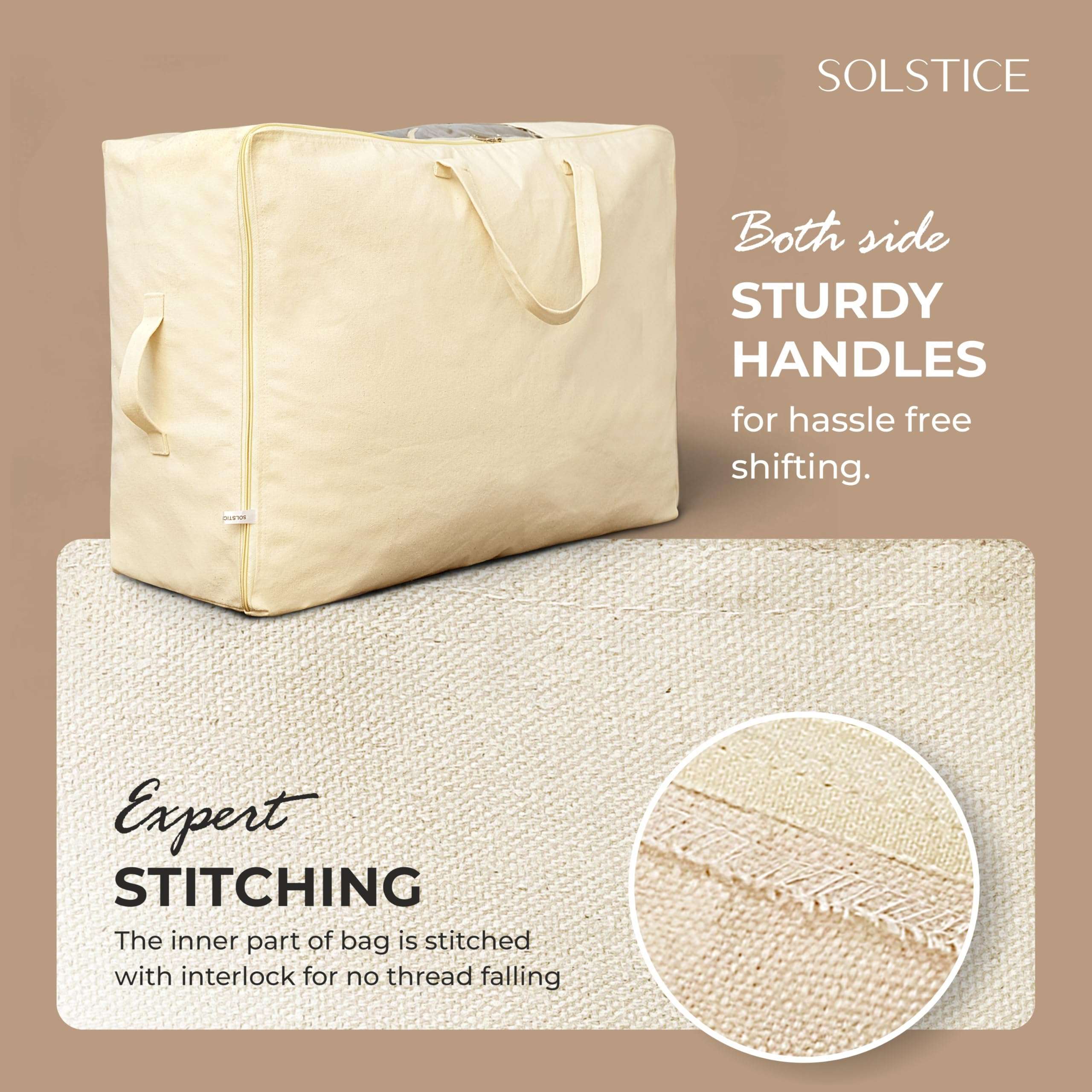 SOLSTICE Extra Large Cotton Canvas Storage Bag 25x19x9 inch with Zipper, 4 Handles & Window for Sarees, Pillows, Blankets & Seasonal Clothes as Wardrobe Organizer and Under Bed Storage | Pack of 2 6