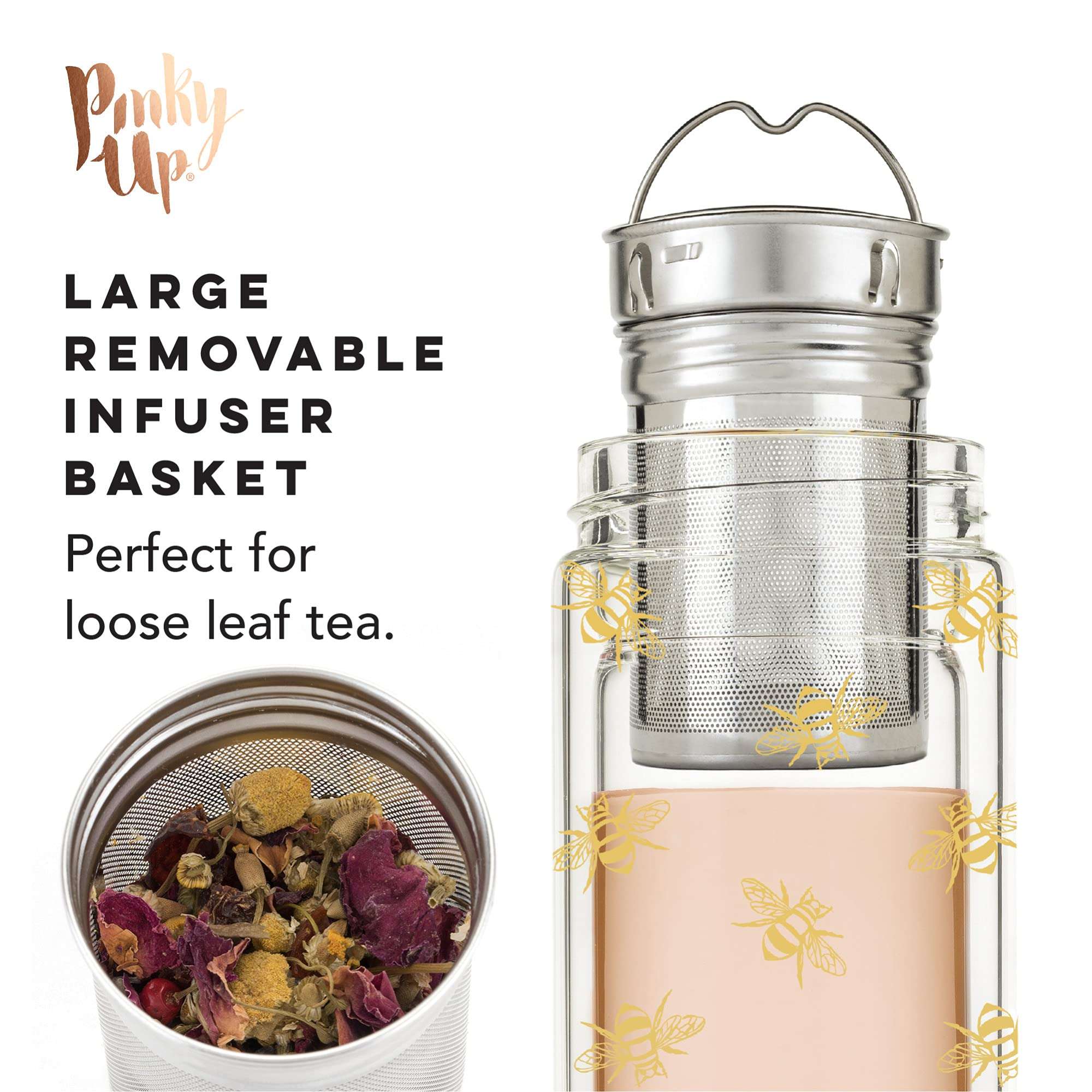 Pinky Up Blair Travel Tea Infuser Mug, Double Walled Insulated Tumbler with Removable Loose Leaf Tea Strainer, Keeps Drinks Hot or Cold, 16 oz, Bee 3