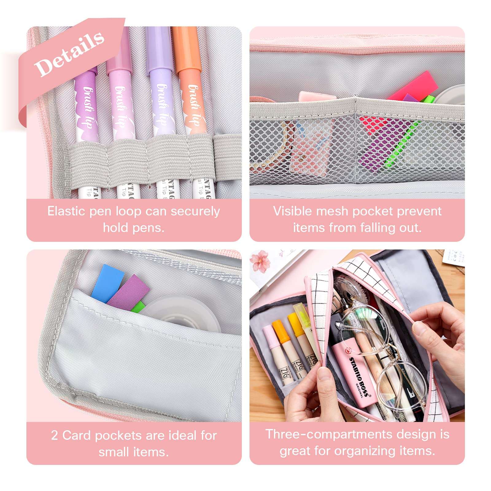 Anyfirst Large Pencil Case, Big Capacity Pencil Cases with 3 Compartments, School Supplies Stationery Storage Organizer for Girls Boys Students Adults, Pink, School Bag 5