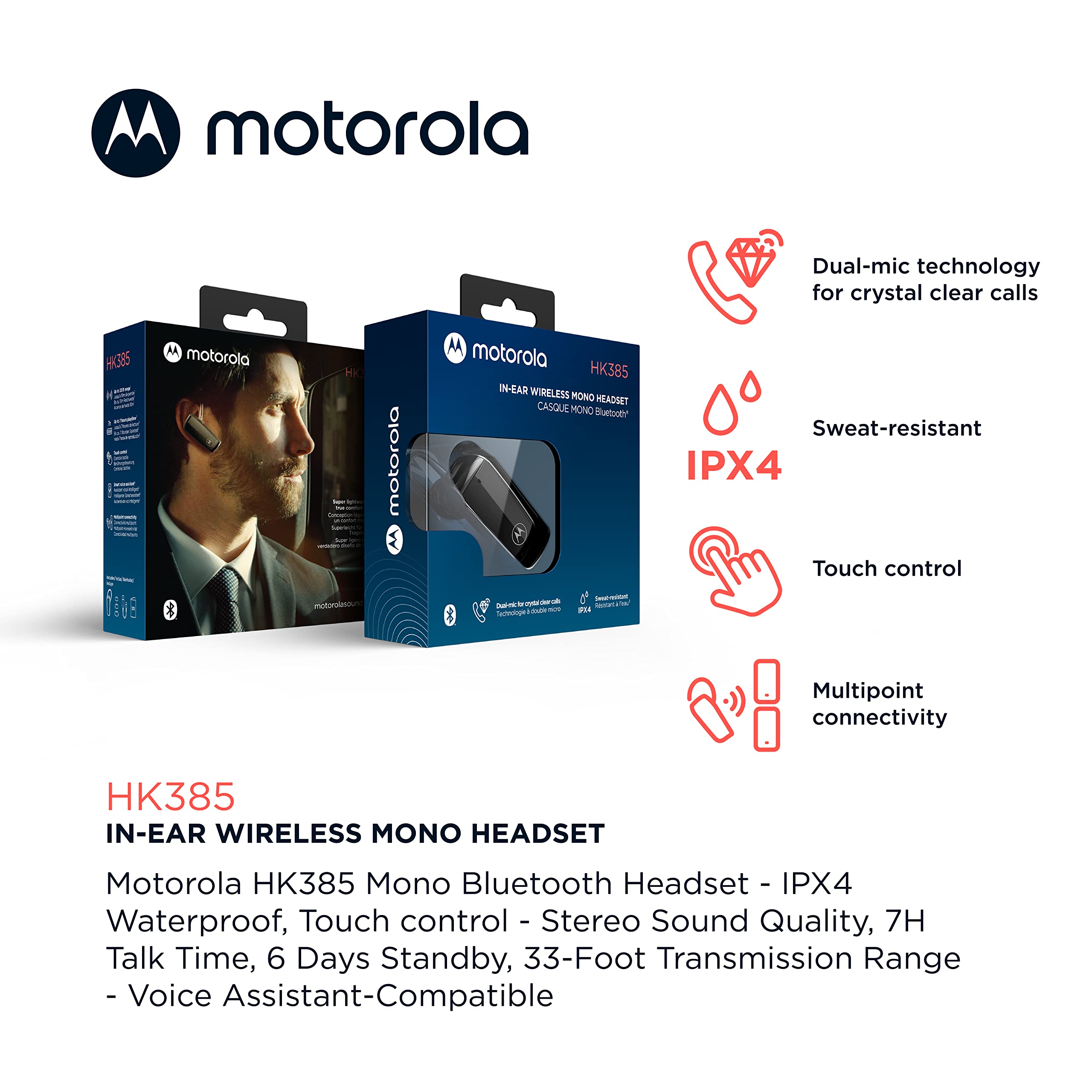 Motorola Sound HK385 Bluetooth Headset in-Ear Mono Bluetooth Earpiece with CVC Touch Control for Calls - IPX4 Sweat Resistant, Smart Touch/Voice Control, Noise Suppression Wireless Earpiece - Black 2