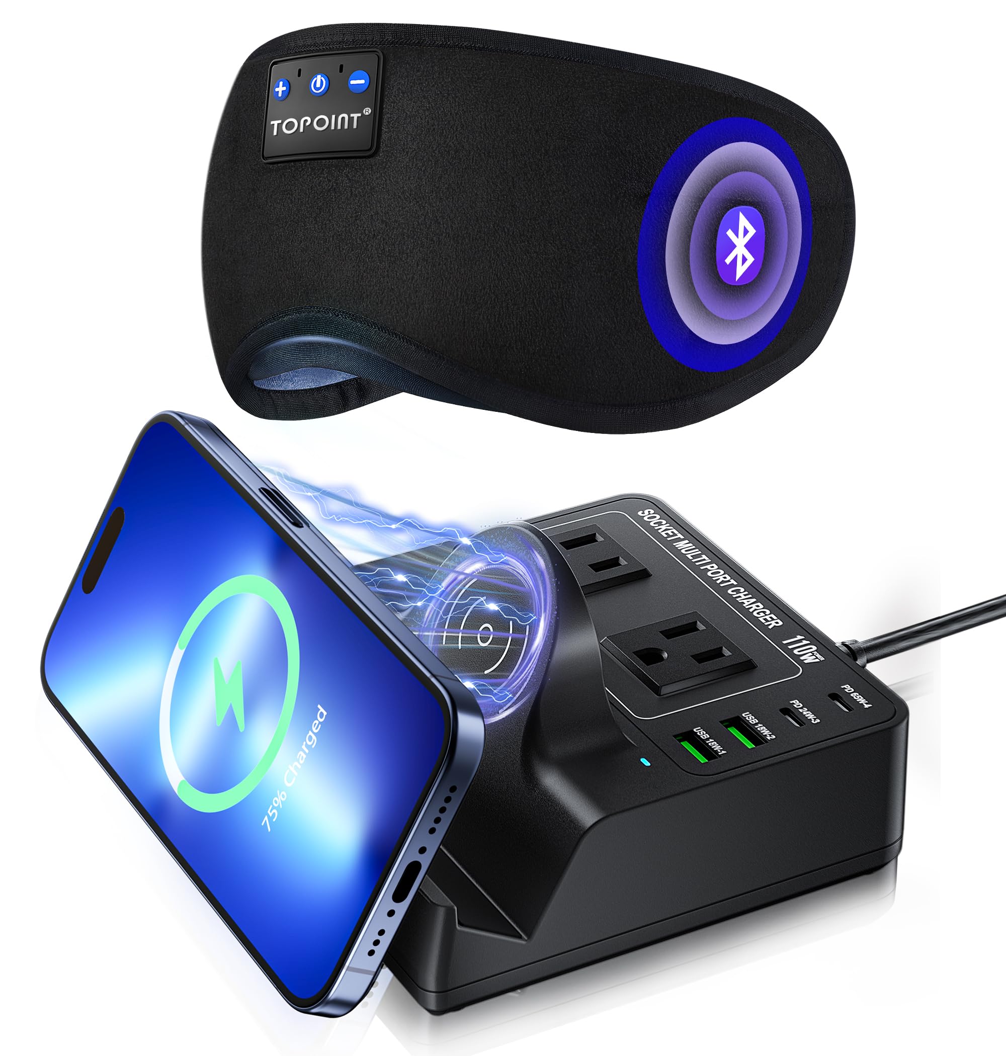 Charging Station for Multiple Devices Apple, TOPOINT 7 in 1 Power Strip with Wireless Charger for iPhone, 65W Fast Charging USB C Charger Block Phone for Samsung Android MacBook iPad Tablet