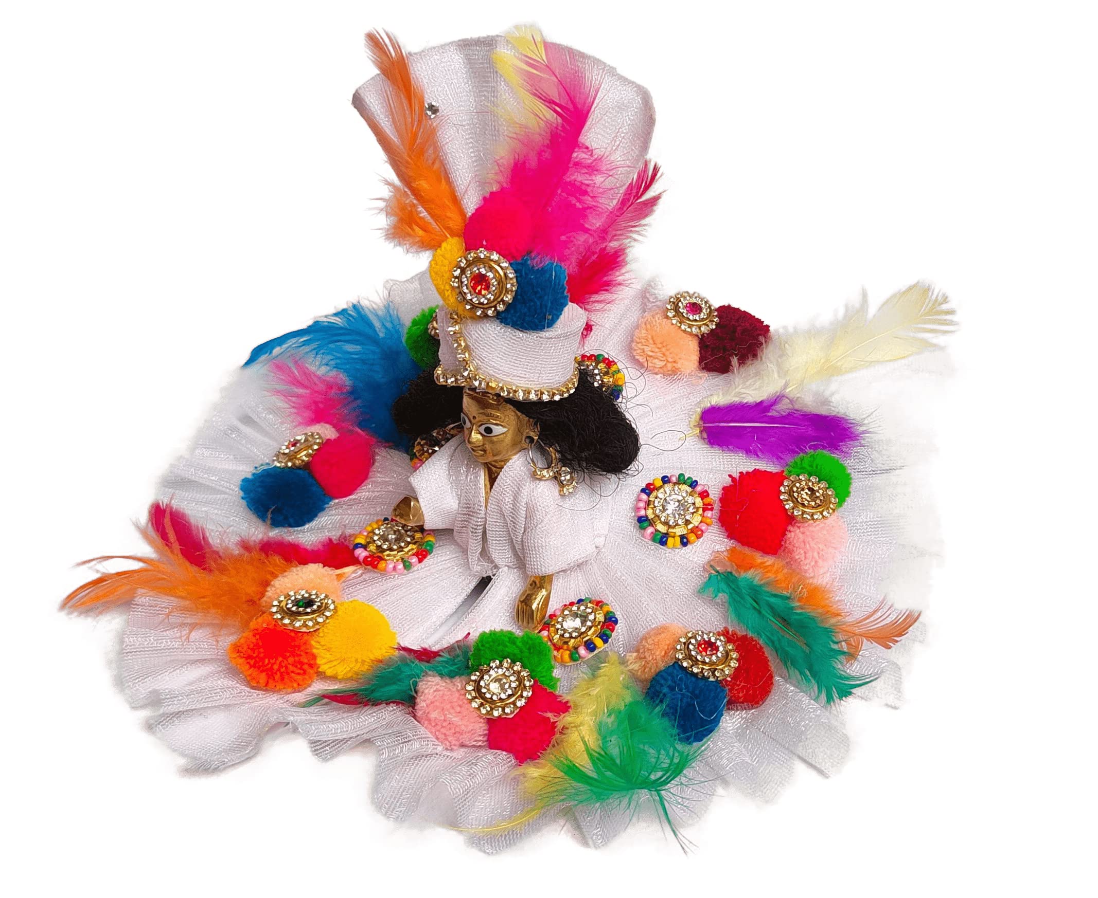 KRISHFEB Soft Fabric Laddu Gopal Net Mukut with Mor Pankh || Colorful Bal Gopal Kanha Ji/Thakur Ji Janmashtami Special Peacock Feather Turban for Your Deity (White, Size-02) 3