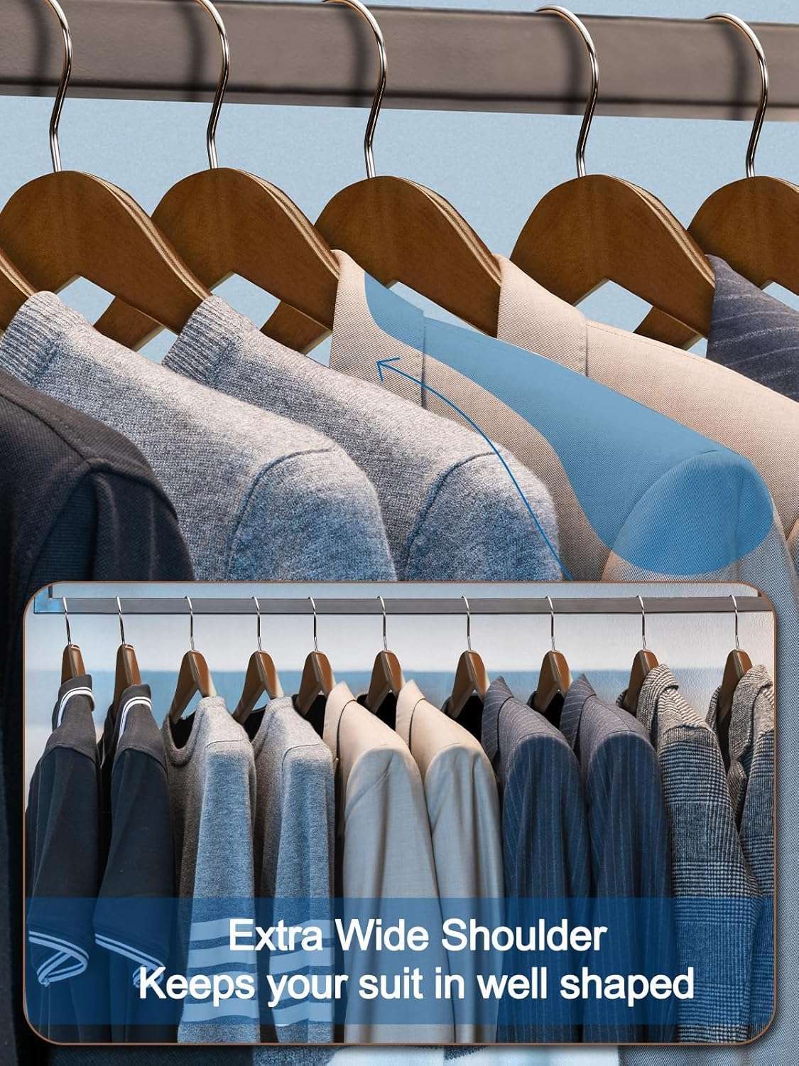 SHOPIVAAN - Extra Wide Shoulder Wooden Coat Hangers | Heavy-Duty Wooden Hangers for Clothes | Non-Slip Suit Hanger with 360° Swivel Hook | Solid Wood Hanger for Coats & Jackets (2, Walnut) 6