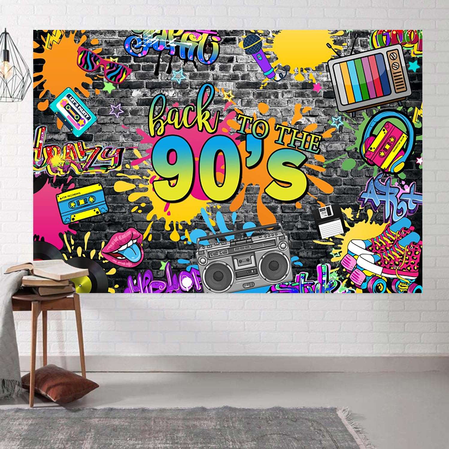 7x5ft 90s Backdrop Back to The 90s Photography Background Hip Pop Graffiti Brick Wall Retro Radio Fashion 90s Theme Party Banner Decorations Supplies Photo Booth Props 3