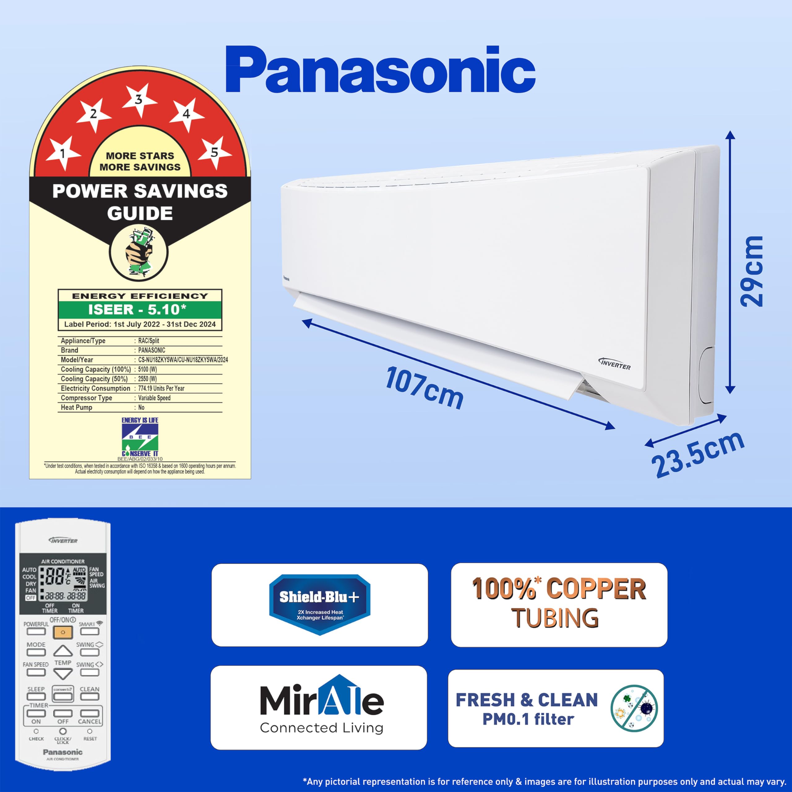 Panasonic 1.5 Ton 5 Star Wi-Fi Inverter Smart Split AC (Copper Condenser, 7in1 Convertible, True AI, 4 Way Swing, PM 0.1 Filter, CS/CU-NU18ZKY5WA, 2024 Model, White) 5
