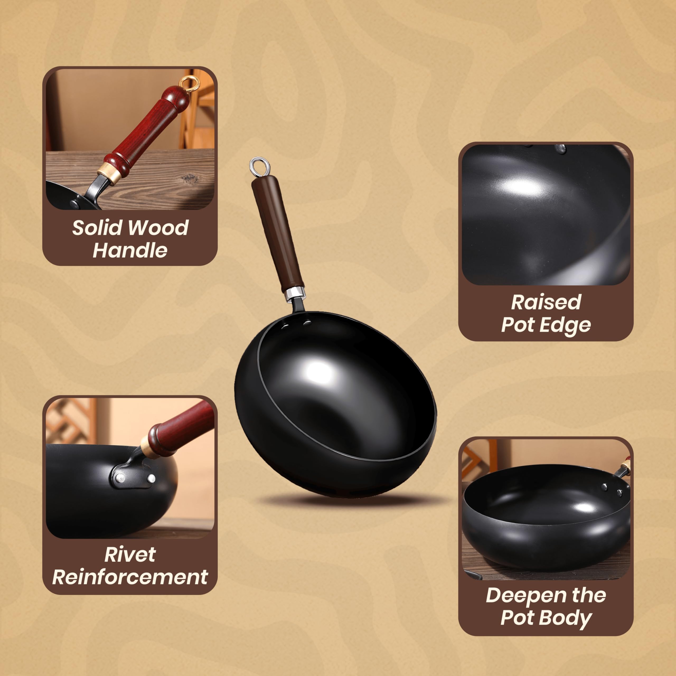 Homero Cast Iron Frying Pan with Lid 24cm – Pre-Seasoned Deep Fry Pan with Wooden Handle, Multipurpose 2kg Iron Pan for Omelette & Fish Fry, Compatible with Gas & Induction Stoves 4