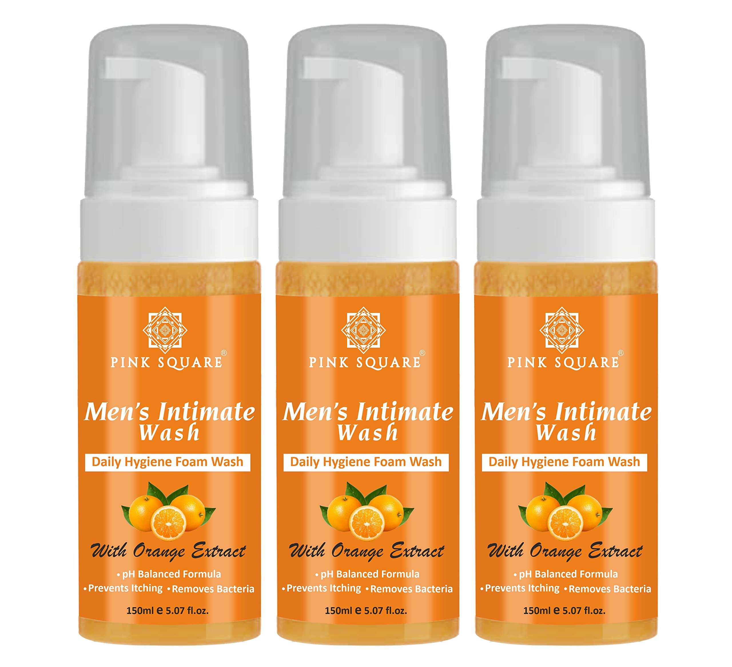 Pink Square Natural Men's Intimate Wash with Orange Extract Maintain PH Balance Intimate Daily Care| Better Private Parts Hygiene Body Wash Anti-Bacterial Pack of 3 of 150 ML (450 ML) 1