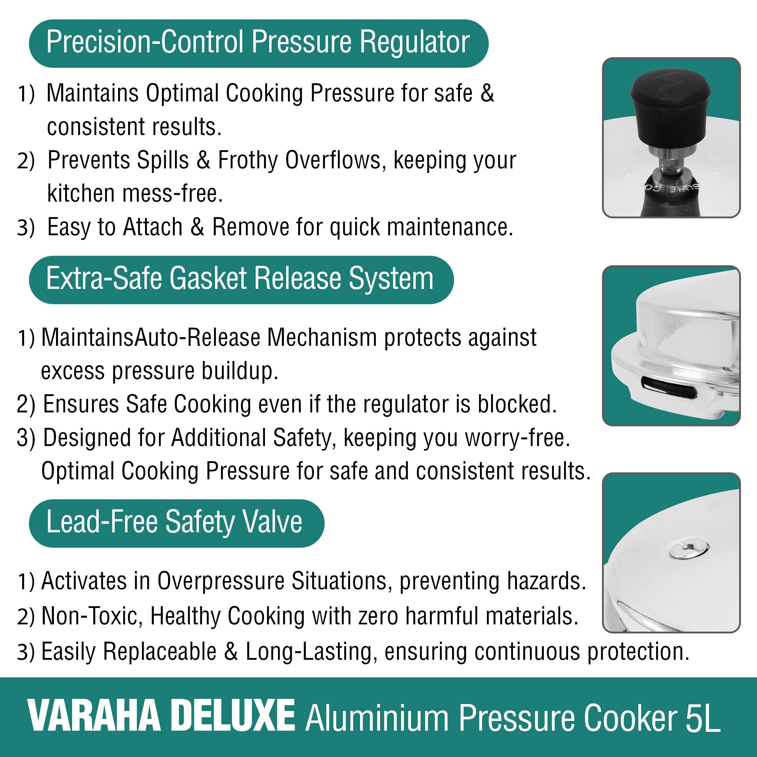 Varaha Deluxe 5 Litres Pressure Cooker | Outer Lid | Heavy Gauge Food Grade Virgin Aluminium | Induction & Gas Stove Compatible | ISI Certified | 5 Years Manufacturer's Warranty | Silver 6