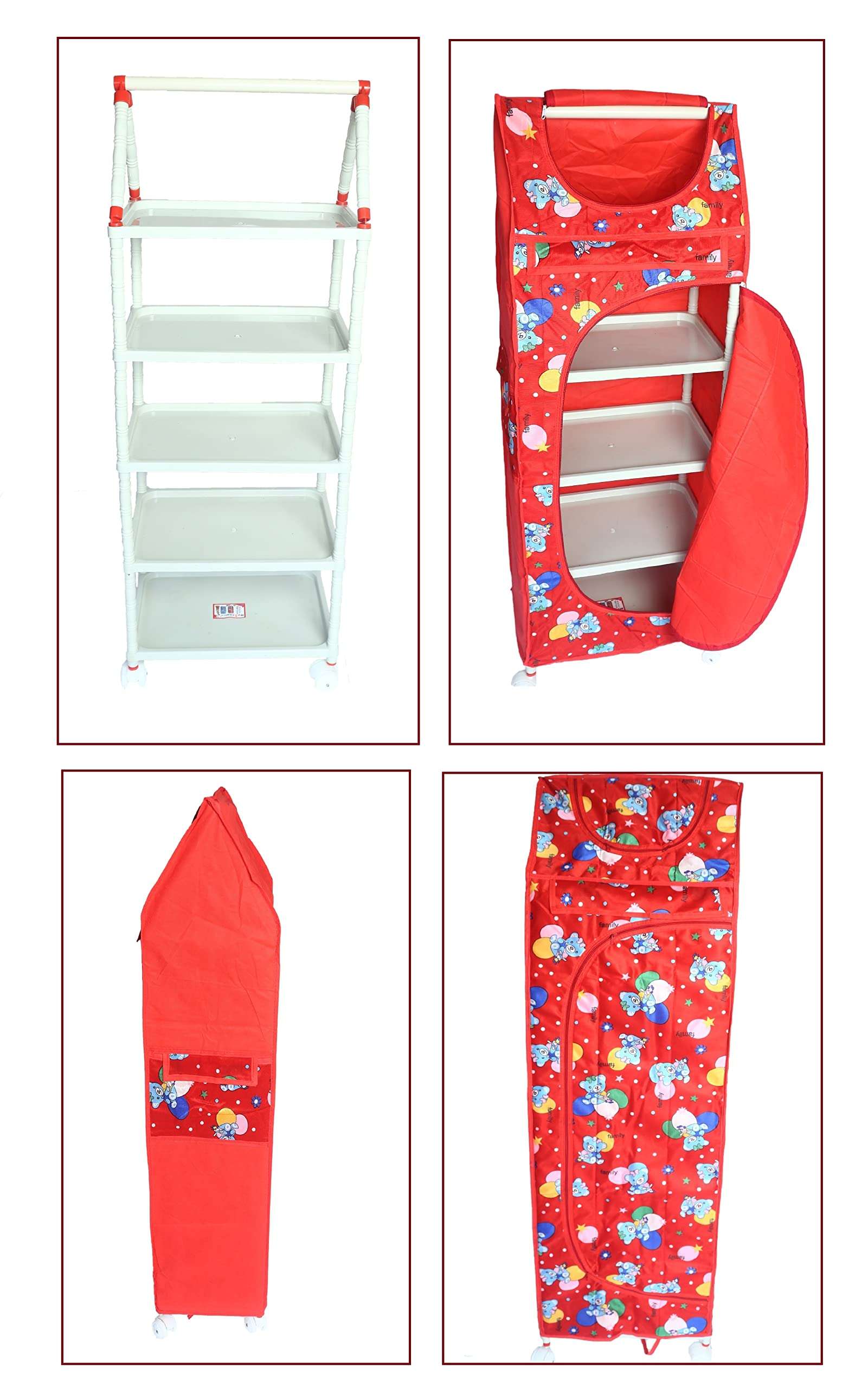 Evoshine® Colorful Design Cartoon Printed Cotton 5 Cabinet Hanging Baby Almirah, Kids Wardrobe, Cloth Organizer, Folding Almirah, Toy Box (Red) 4
