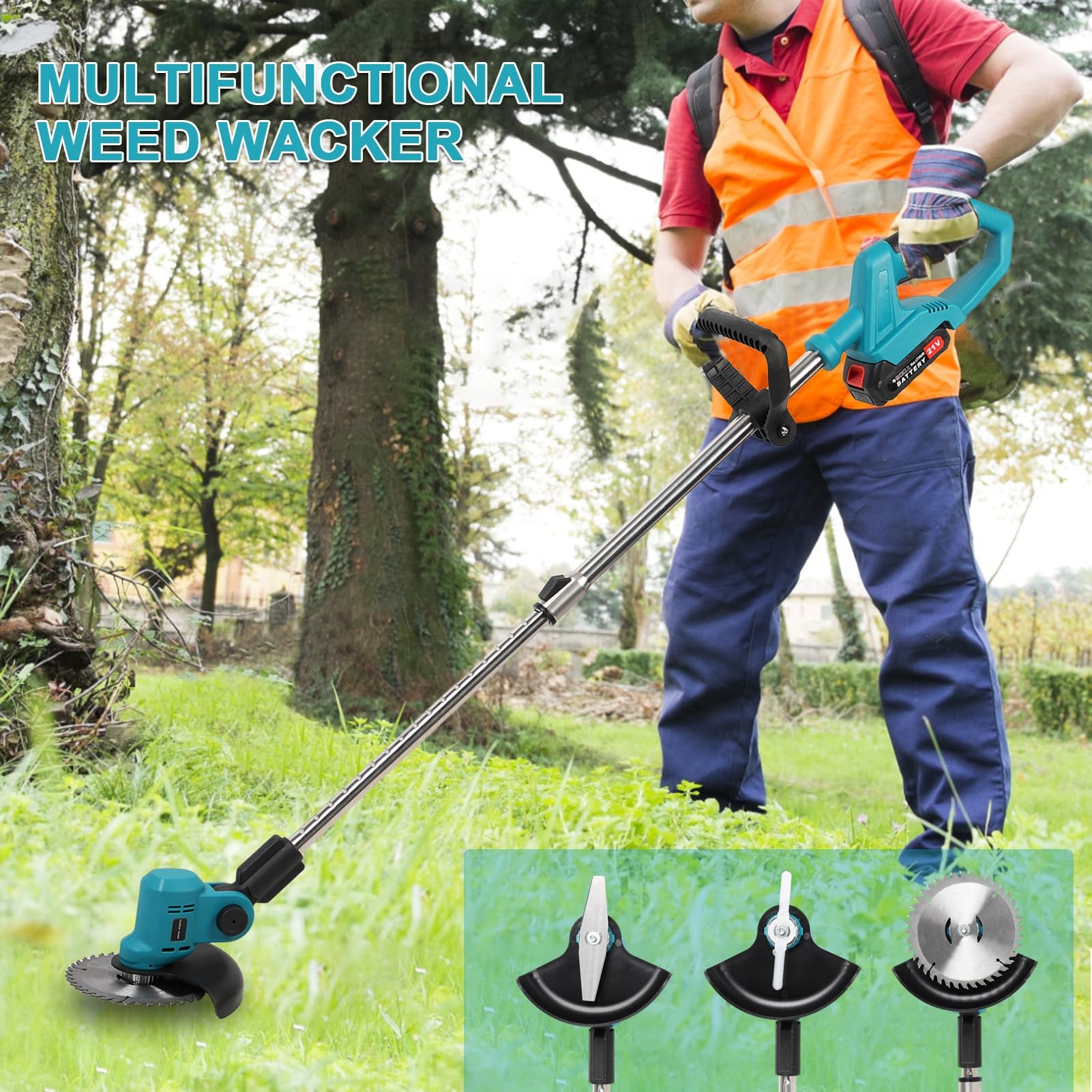 Cordless Electric Weed Eater Brush Cutter, Adjustable Telescopic Grass Trimmer with 980W Copper Motor, 2x21V Batteries & 3 Blade Types, for Courtyards & Shrubs Green 3