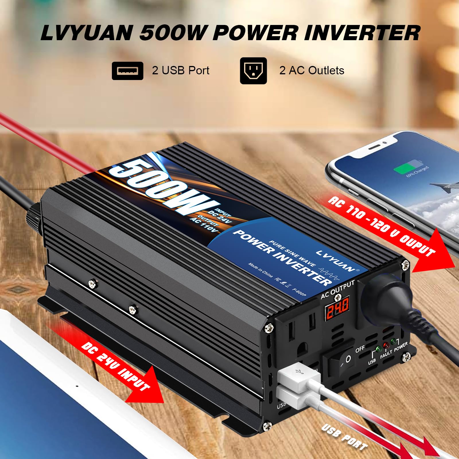 LVYUAN 500 Watt Pure Sine Wave Power Inverter 24V to 110V/120V DC to AC Converter with Dual Sockets, Dual USB Ports, LED Display for Home Outdoor RV Car Power Inverter Power Adapter 5