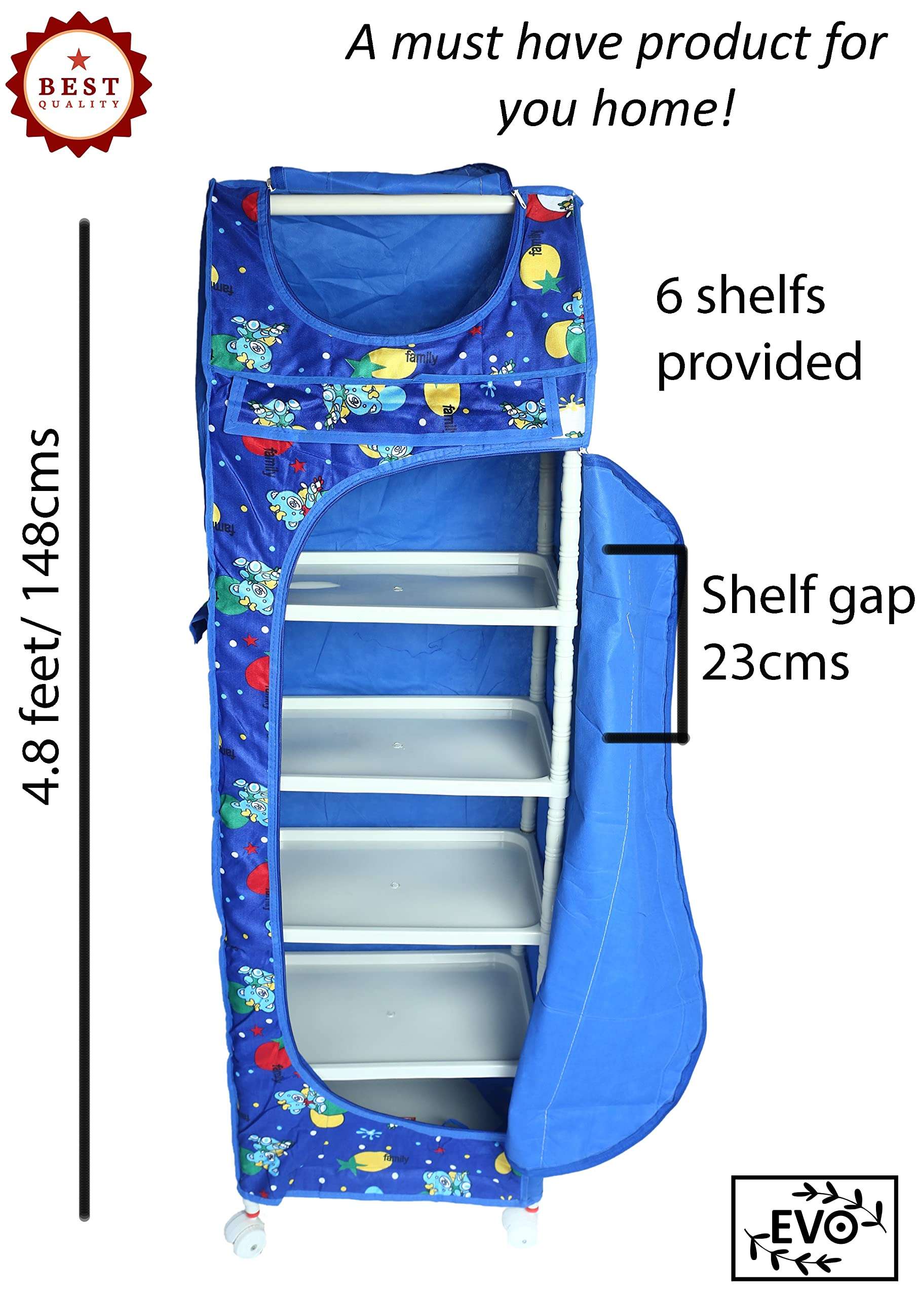 Evoshine® Colorful Design Cotton 5 Cabinet Hanging Baby Almirah, Kids Wardrobe, Cloth Organizer, Folding Almirah, Toy Box (Blue) 5