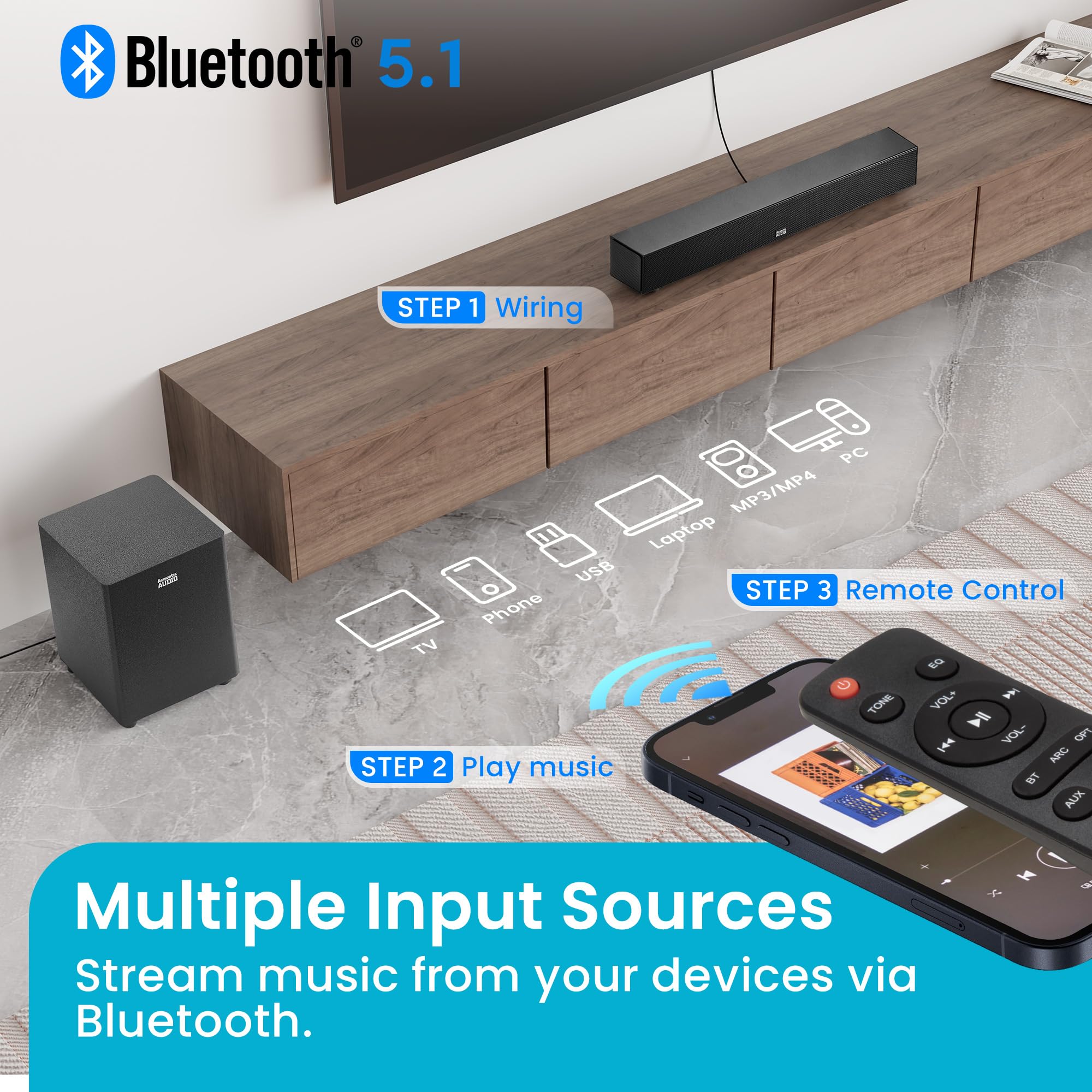 Acoustic Audio 5.1 Surround Sound Home Theater Sound Bar with Bluetooth, RCA, Optical, ARC, AUX, Wireless Subwoofer and Remote Control - AA5190 (Black) 4