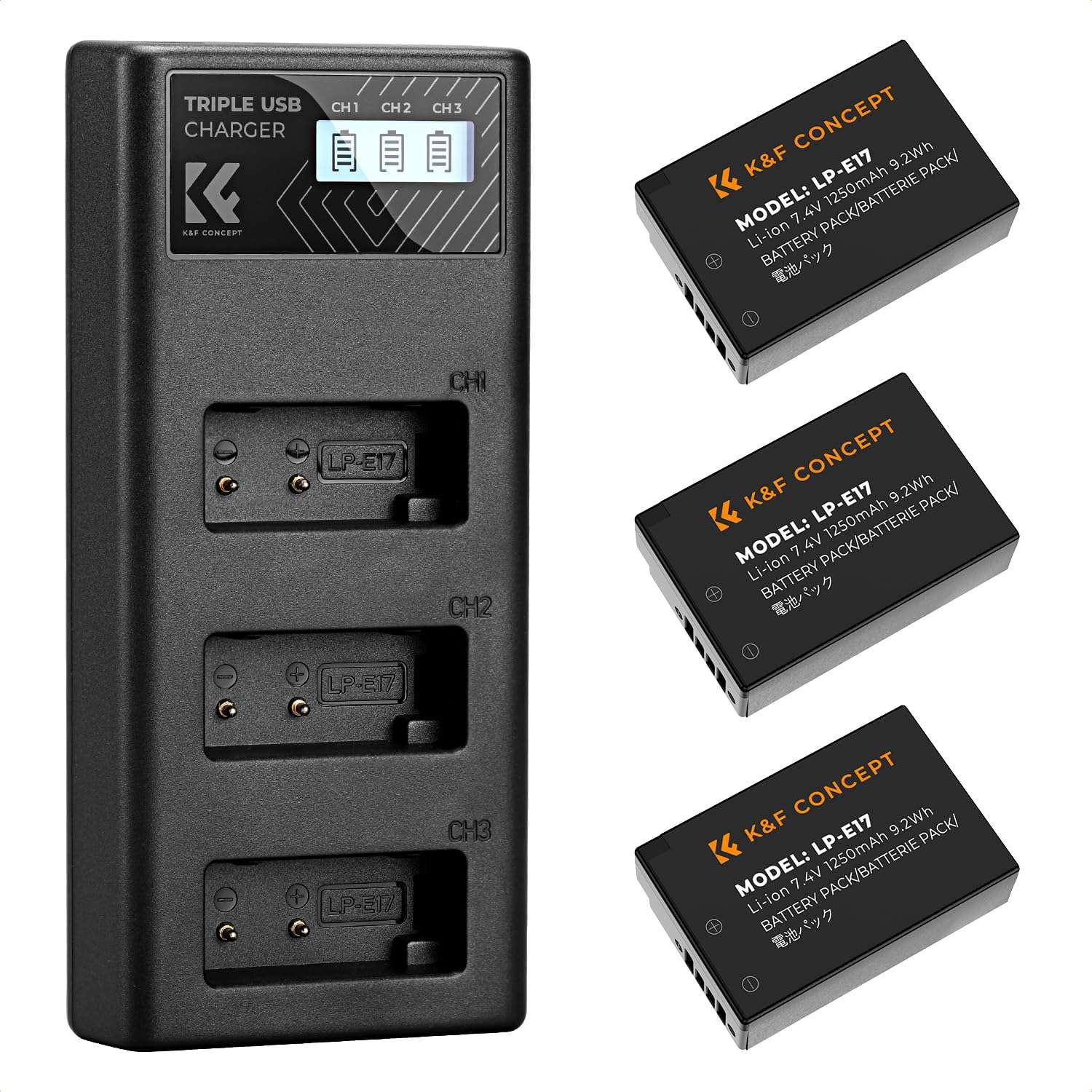 K&F Concept 3-Pack LP-E17 Battery and Upgraded 3-Slot LCD Charger for Canon EOS R50 RP R10 R8, Rebel T8i T7i T6i T6s SL2 SL3 EOS M3 M5 M6 200D 77D 750D 760D 800D 8000D Camera 1