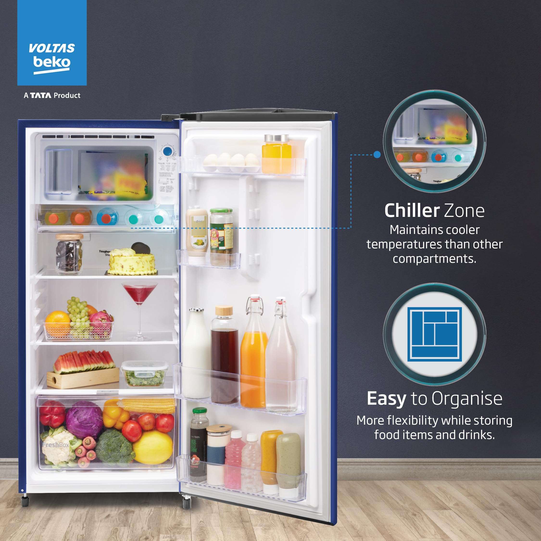 Voltas Beko, A Tata Product 183 L 2 Star Direct Cool Single Door Refrigerator (2024 Model, RDC215D/S0WBR0M0000GO, Stella Blue, With Fresh Box Technology and Chiller Zone) 5