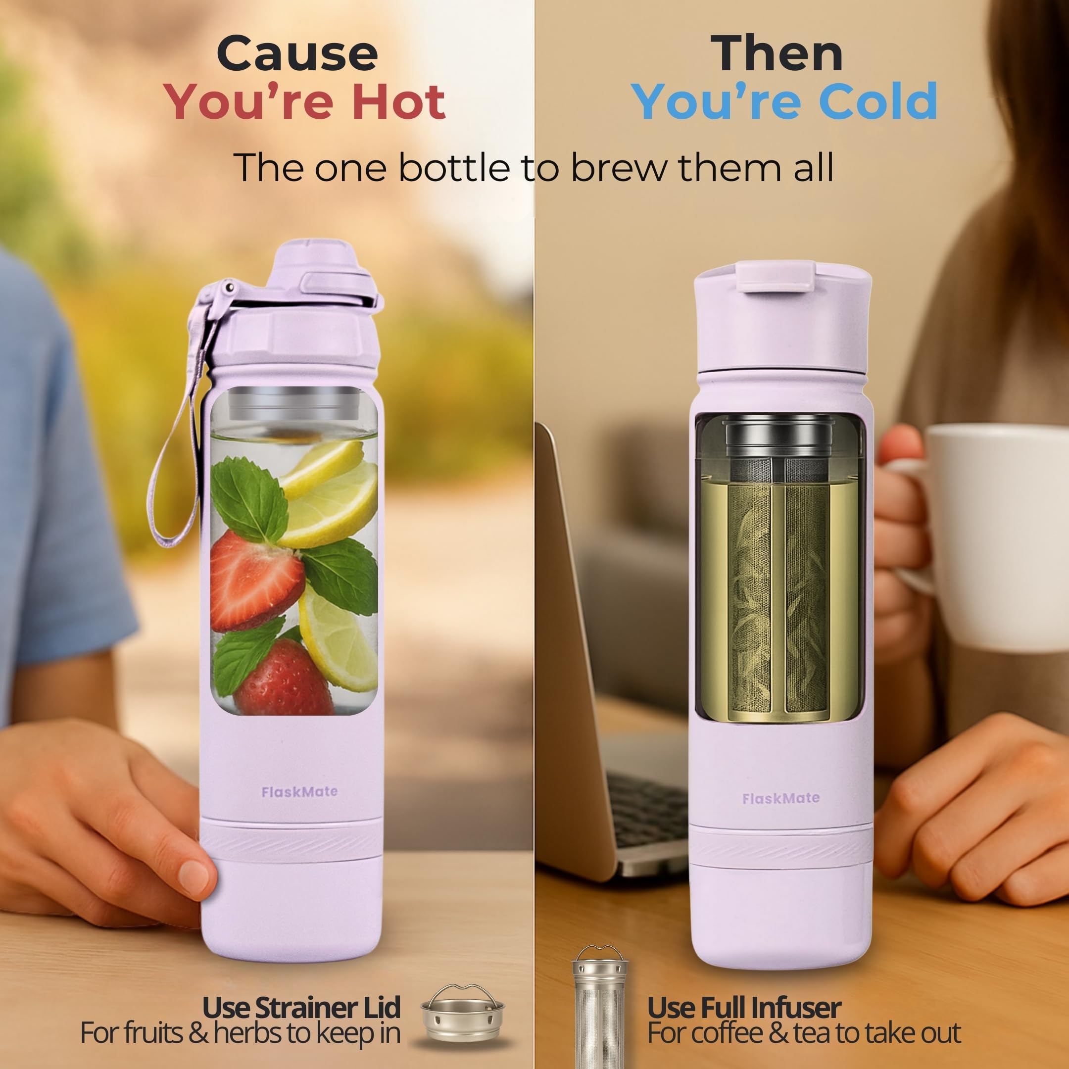 FLASKMATE Tea Infuser Bottle & Coffee Thermos – 18oz Leakproof Insulated Flask with Storage, Dual Lids, and Travel French Press – Hot & Cold for Work, Wellness & On-the-Go Routines 6