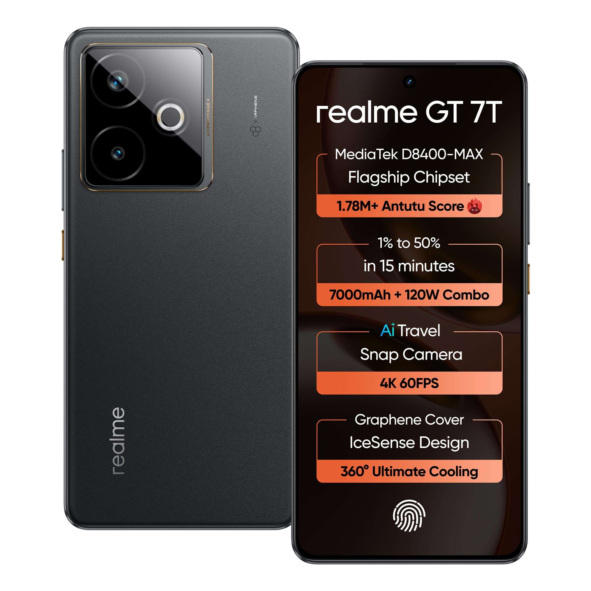 realme GT 7T (IceSense Black,12GB+512GB) | MediaTek D8400 MAX | Strongest Battery Combo 7000mAh + 120W | AI 4K 60FPS Travel Camera | 360° Cooling IceSense Design with Graphene | 6000 nits Display 1