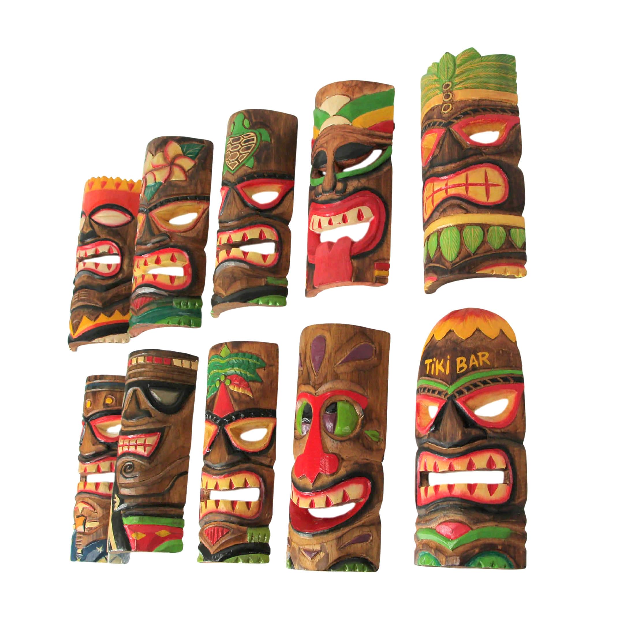 Set of 10 Hand-Carved Wood Polynesian Design Hawaiian Tiki Wall Hanging Masks - Exquisite 10-Inch High Masks for Vibrant Tropical Decor - Easy to Hang - Bright Colors 4