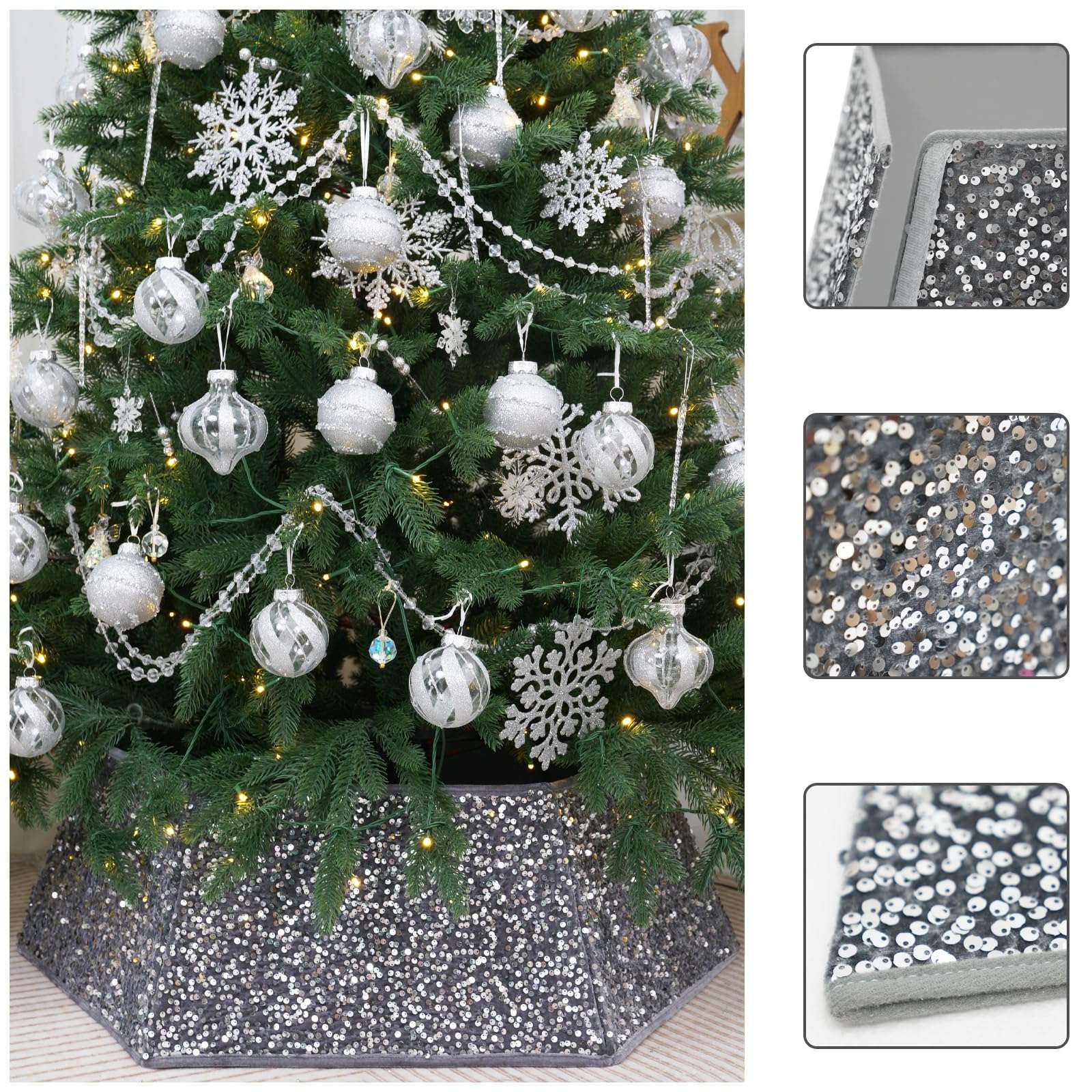Silvergrey Christmas Tree Collar with Sparkling Sequins,Christmas Tree Collars for Atificial Trees, 33.5 Inch Christmas Tree Skirt, Xmas Tree Stand Base Cover,Holiday Home Decor Tree Ring(Large) 5
