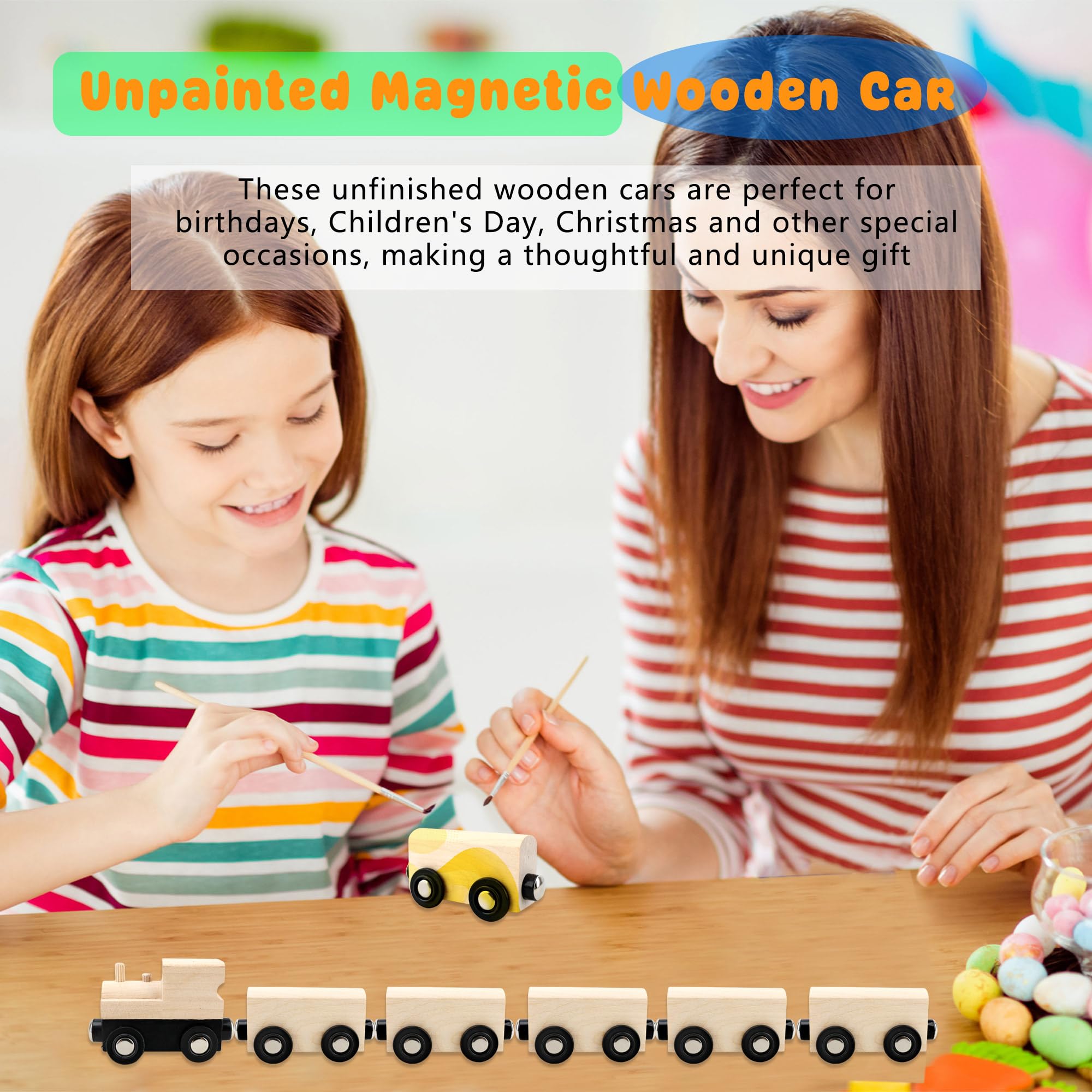 Hoarost 18 Pack Unfinished Wooden Cars Unpainted Magnetic Wood DIY Crafts Trains Car for DIY Craft Activities Birthday Gift (Color Set 1) 6