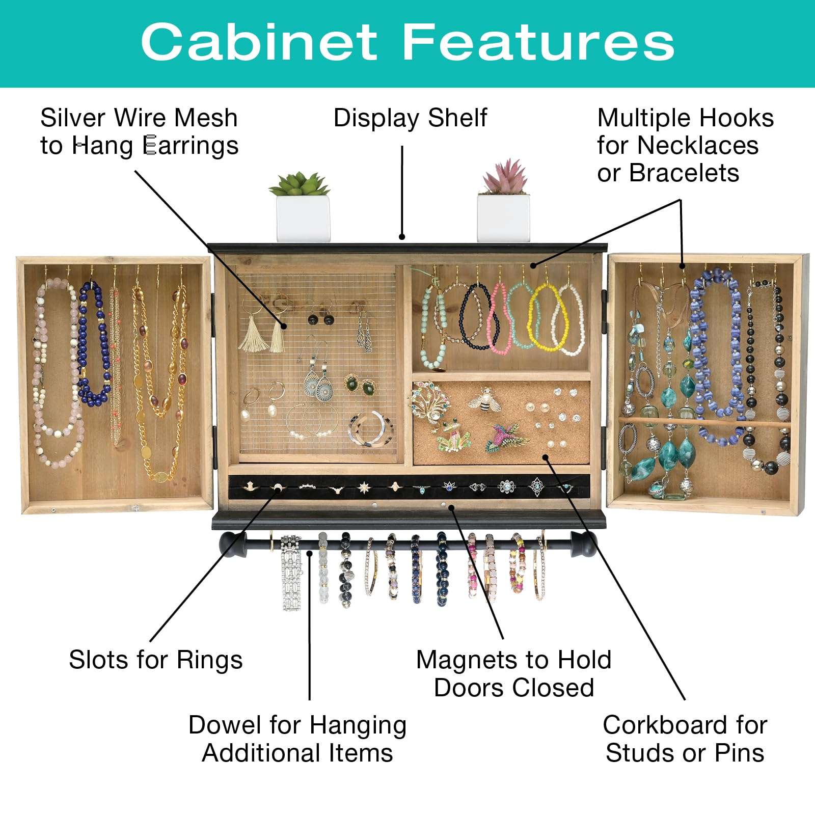 Wall Mounted Jewelry Organizer with Herringbone Wood Pattern. Jewelry holder for Necklaces, Earings, Bracelets, Ring Holder, and Accessories. Includes hooks for hanging jewelry - Black & Brown 6