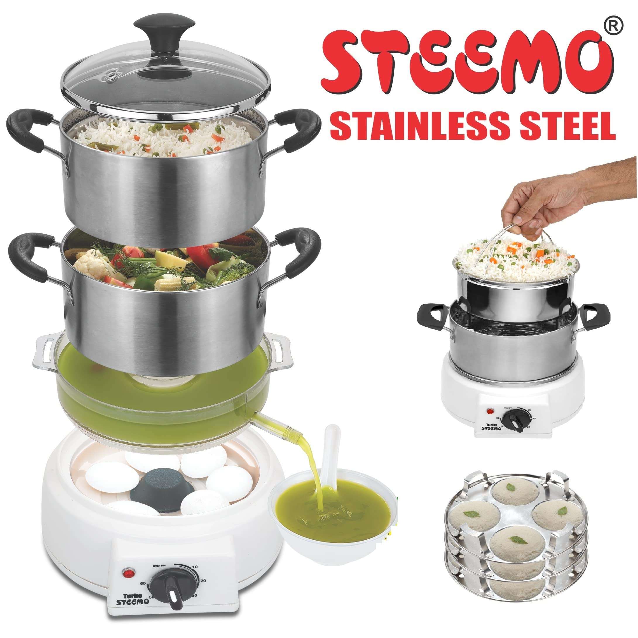 Steemo MULTI STEAM COOKER in FOOD GRADE STAINLESS STEEL STEAMER RICE COOKER MOMO IDLY EGG BOILER SOUP MAKER FOOD STEAMER Flavour &Taste Maintaining (Stainless steel) 3