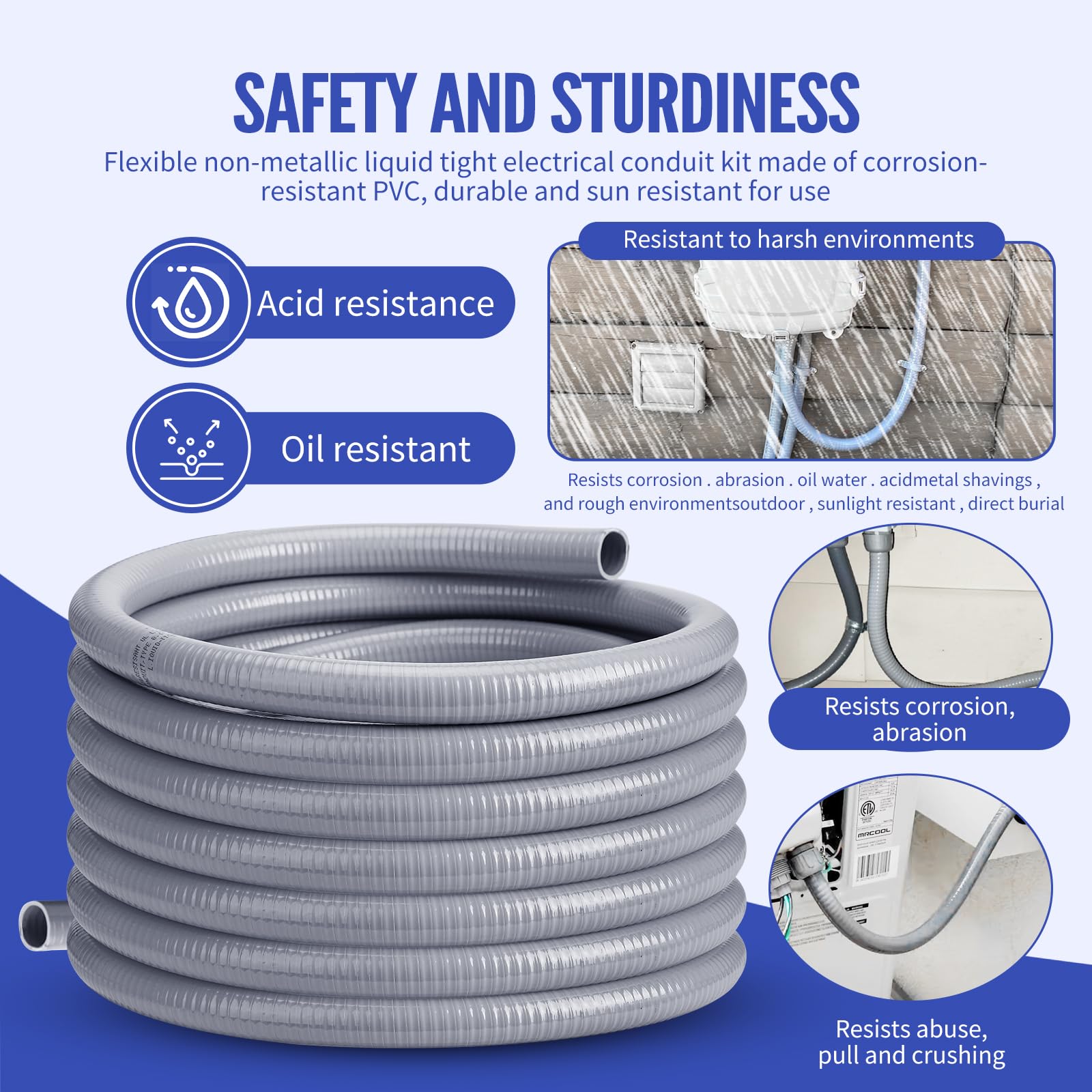 AISIMEE Liquid Tight Conduit 1/2inch 25FT,Flexible Non-Metallic Liquid Tight Flex Electrical Conduit and Connector Kit with 5 Straight and 3 90-Degree Conduit Connector Fittings 4