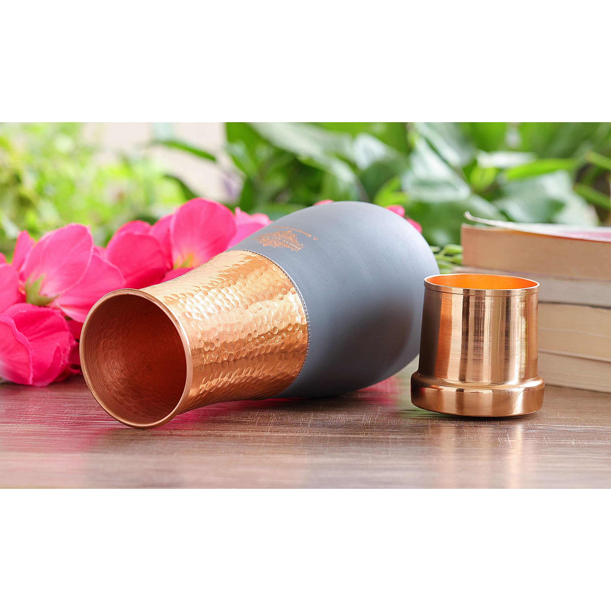 INDIAN ART VILLA Pure Copper Bedroom Water Bottle, Vase Design Half Gray Silk Half Hammered Finish - Volume 1425 ml (Pack of 1) 5