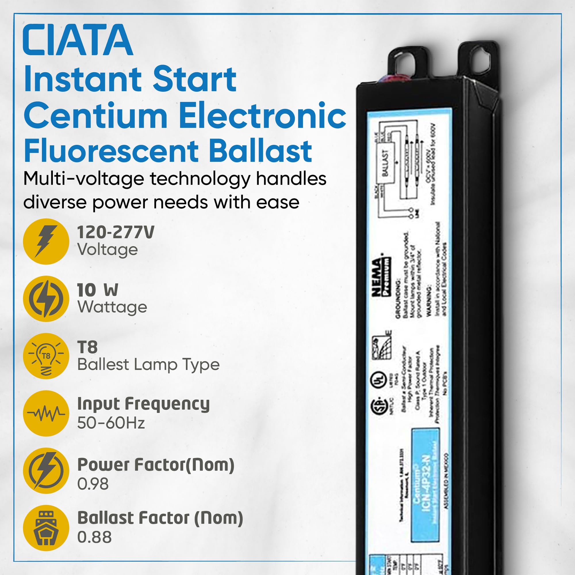ICN4P32N, 120-277V, 50-60Hz Input Frequency, Solid Wire Type, Instant Start Centium Electronic Fluorescent Ballast for 4 F32T8 Lamp Type, Indoor/Outdoor Use with Automatic Restart Ballast Box, 10 Pack 3