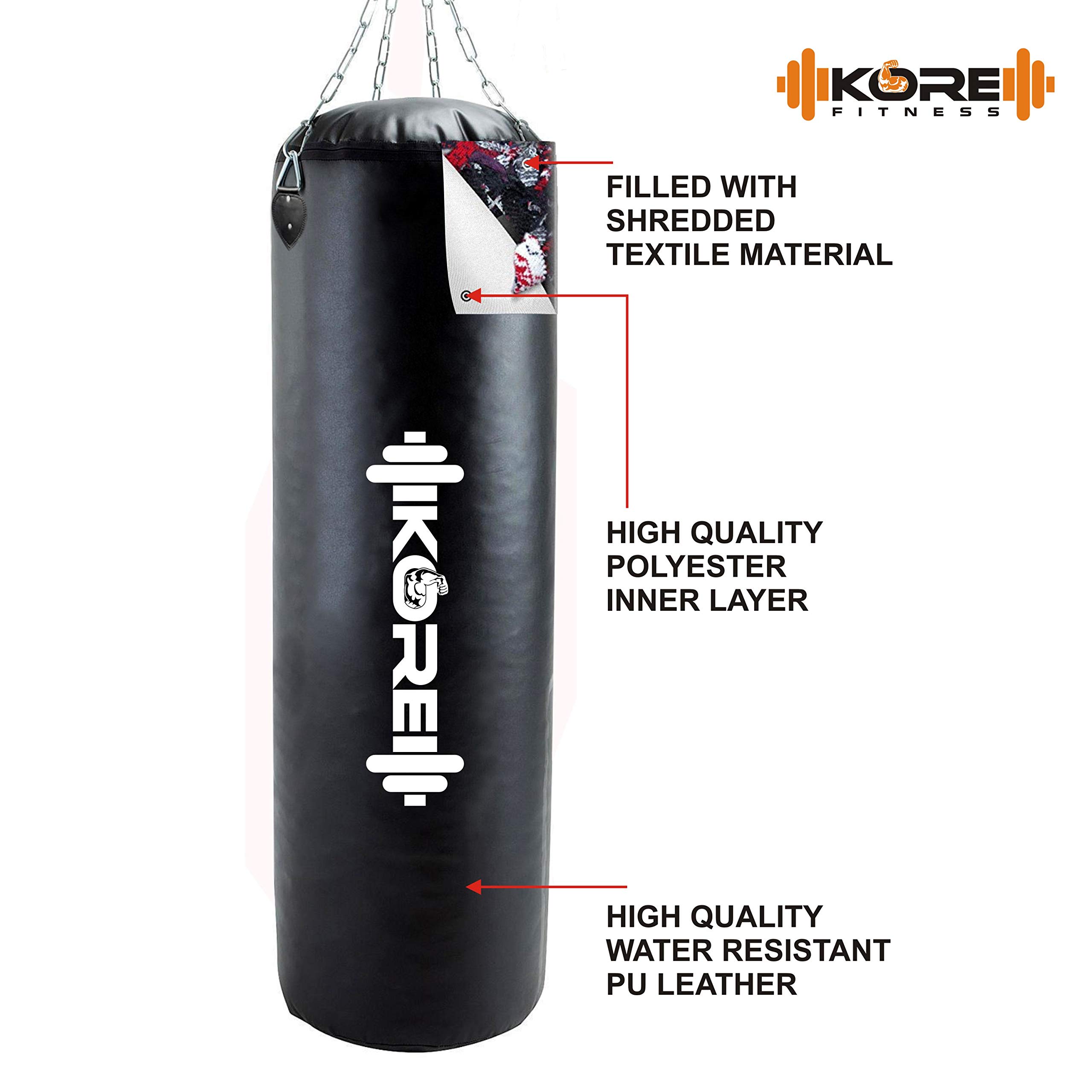 KORE Ultimate 3 Feet Filled Heavy Black Punching Bag PU Leather Boxing MMA Sparring Punching Training Kickboxing Muay Thai with Rust Proof Stainless Steel Hanging Chain 3