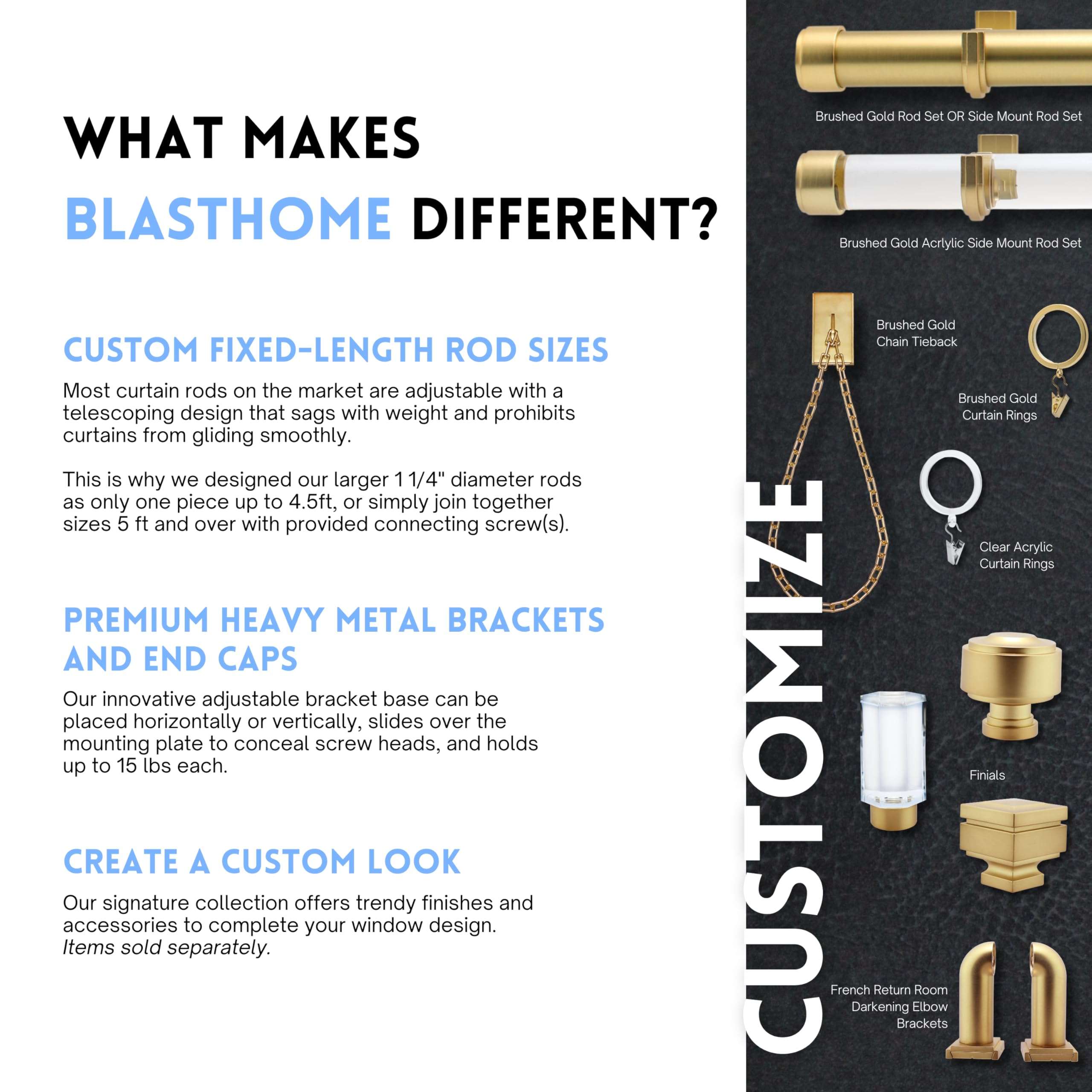 BlastHome® Luxury Curtain Rings – Premium Metal with Quiet, Smooth Nylon Inserts – Pinhooks and Clips Included – 1 1/2" Inside Diameter – 18 Rings for Two Standard Curtains – Brushed Gold 4