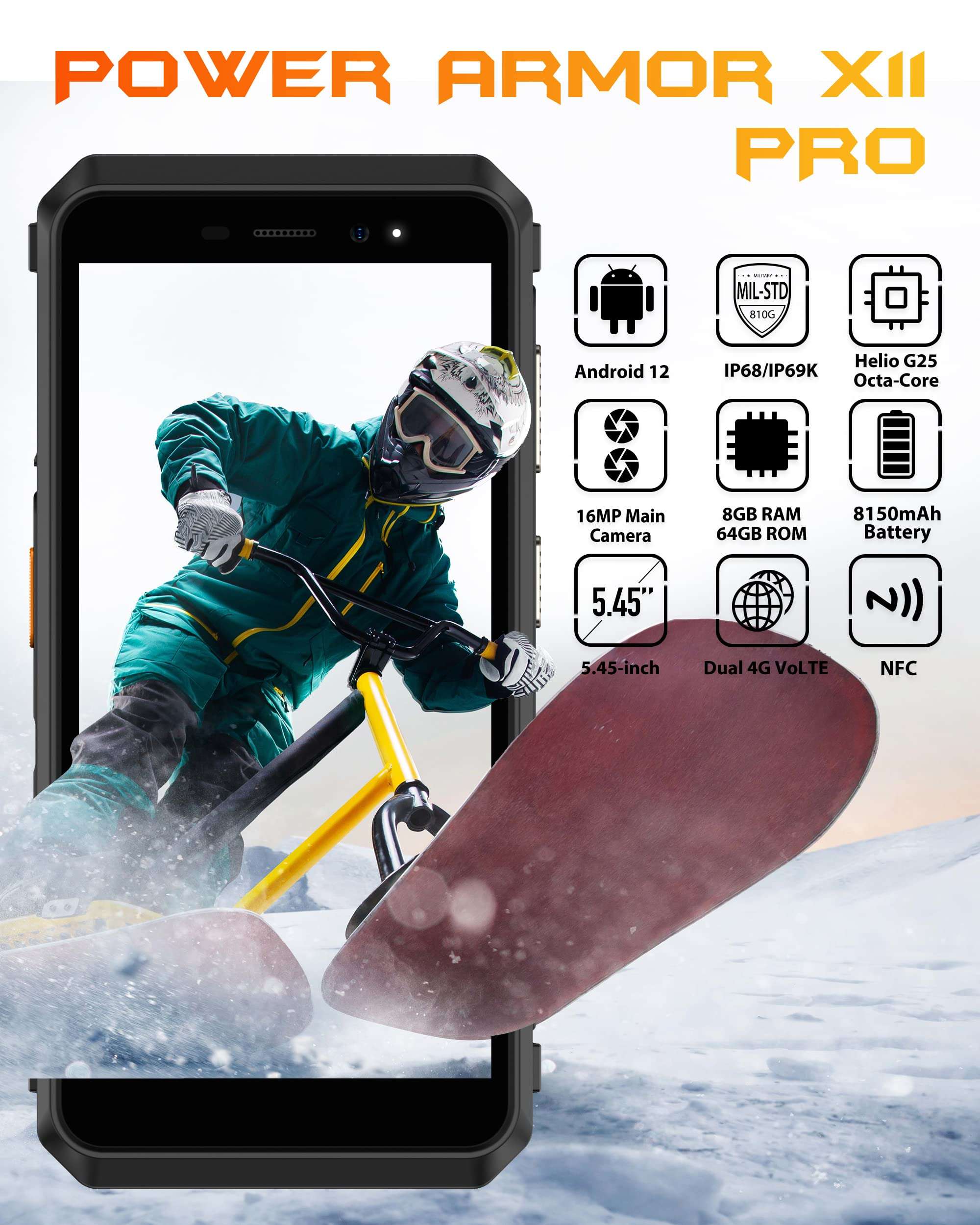 Ulefone Power Armor X11 Pro & Case Rugged Smartphones Unlocked, IP69K Waterproof Phone, 8150mAh Battery, Android 12, 8-Core 8GB+64GB, 16MP AI Camera, 5.45'' HD+, 3-Card Slots, Dual 4G, GPS, NFC 3