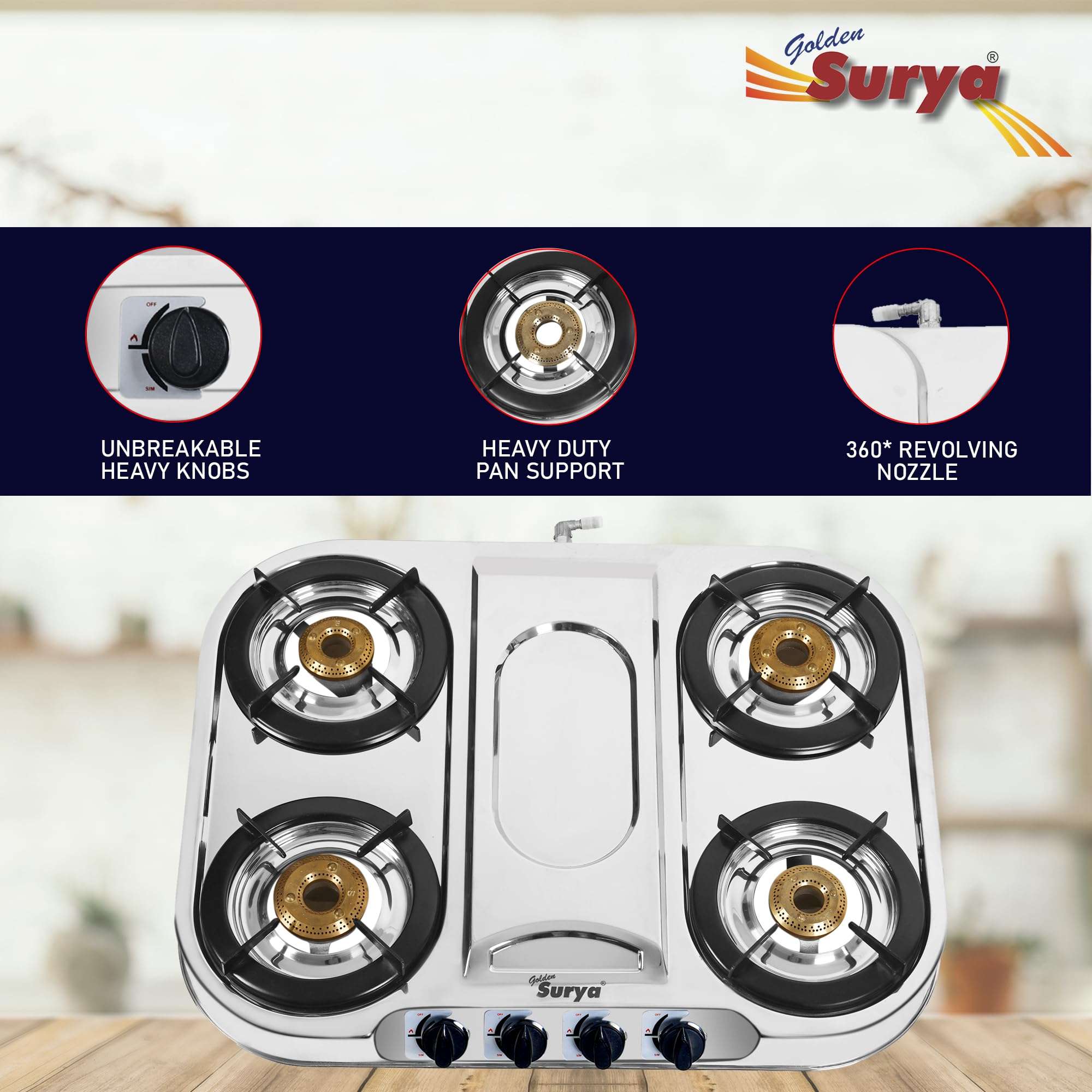 GOLDEN SURYA Classic Premium Stainless Steel Frame, Manual Ignition, 18 Months Warranty, BIS Certified, 4 Burner Gas Stove (Magma) 4