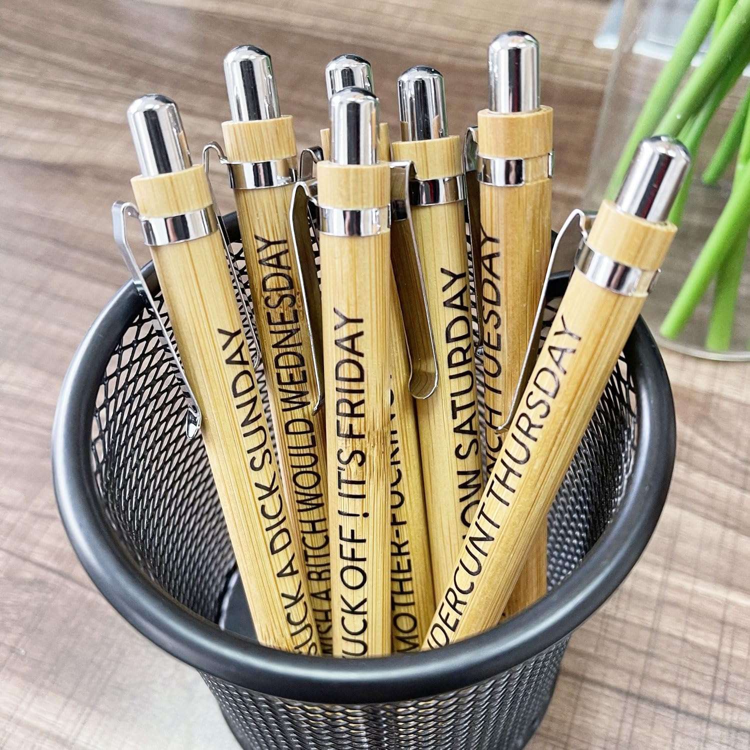 XIANFANG 7Pcs Funny Work Pens for Adults Sarcastic Office Gifts Bamboo Ballpoint Pens with Swear Words, Hilarious Desk Accessories for Coworkers, Fun Gifts for Teachers, Friends, Office Supplies 4