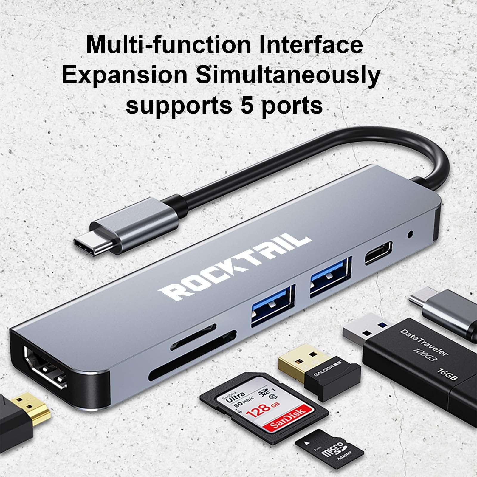 ROCKTAIL (6-in-1) USB C Hub, USB C Multi-Port Adapter, USB C to HDMI Hub Compatible for USB C Laptops and Other Type C Devices (4K HDMI USB3.0 100W PD SD/TF Card Reader) 2