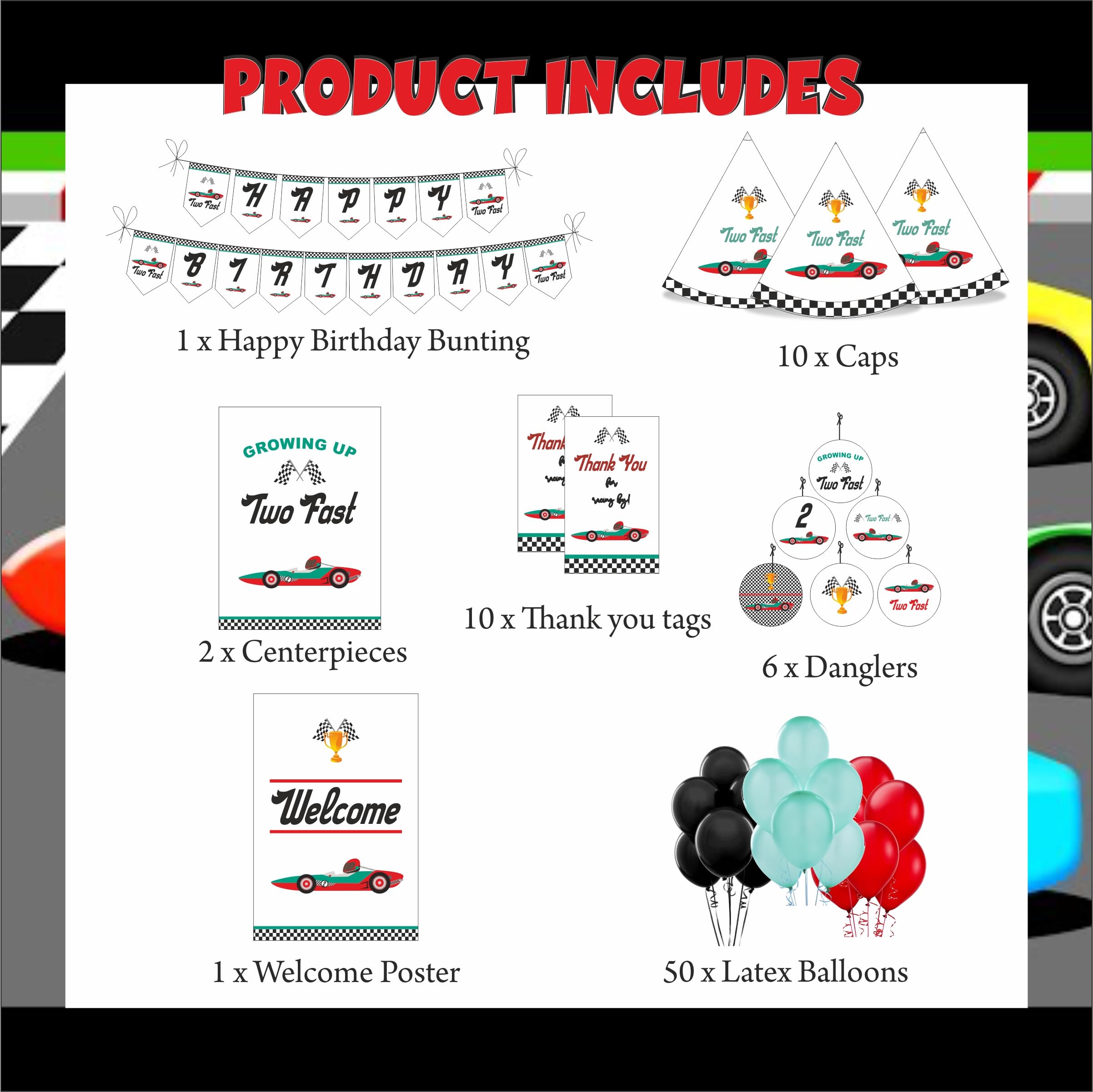 PRETTY UR PARTY Two fast Party decorations Kit - 80 pcs include Bunting, balloons, thank you, centerpiece, danglers, Caps, Race car Party Supplies, 2nd Birthday Decor, DIY Décor for Kids, Boys 3