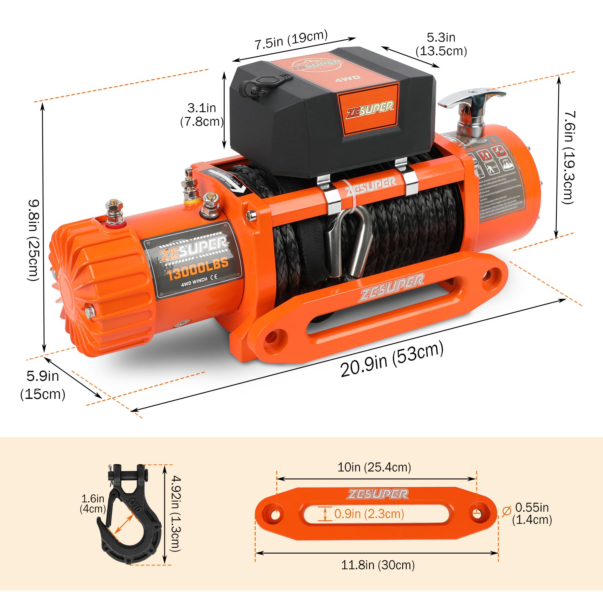 ZESUPER 13000 lbs Capacity Electric Winch Kit Waterproof IP67 Electric Winch Hawse Fairlead for Truck,SUV with Both Wireless Handheld Remote and Corded Control Recovery Synthetic Rope Orange 4