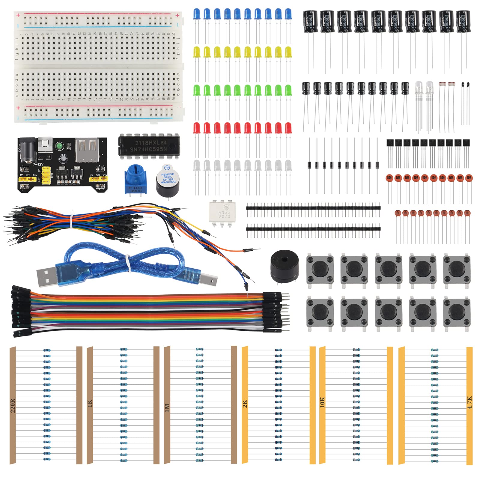 AITRIP New Electronics Basic Kit w/Power Supply Module, 400 Points Solderless Breadboard, Jumper Wire, LED,Resistor,Compatible with Arduino, Raspberry Pi, STM32