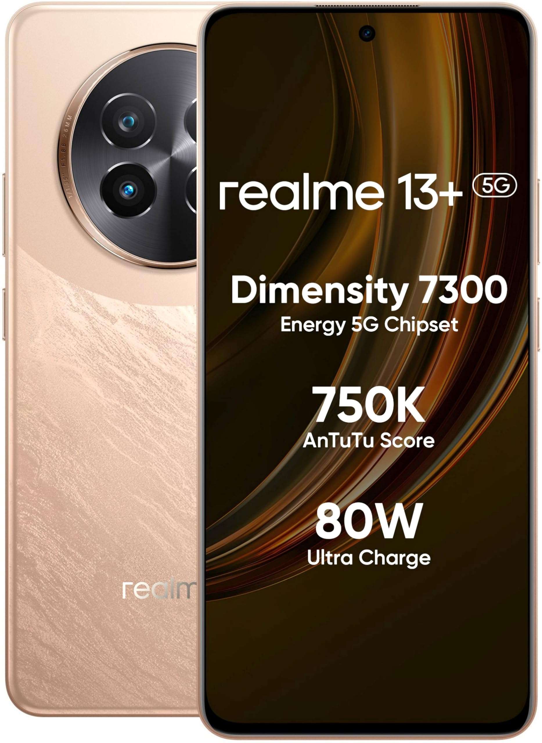 realme 13+ 5G (Victory Gold, 8GB RAM, 256GB Storage) | Expandable Upto 2TB | Up to 18GB Dynamic RAM | 50MP AI Dual Camera | 6.67" AMOLED Display | 80W Ultra Charging DAK | Dimensity 7300E Processor 1
