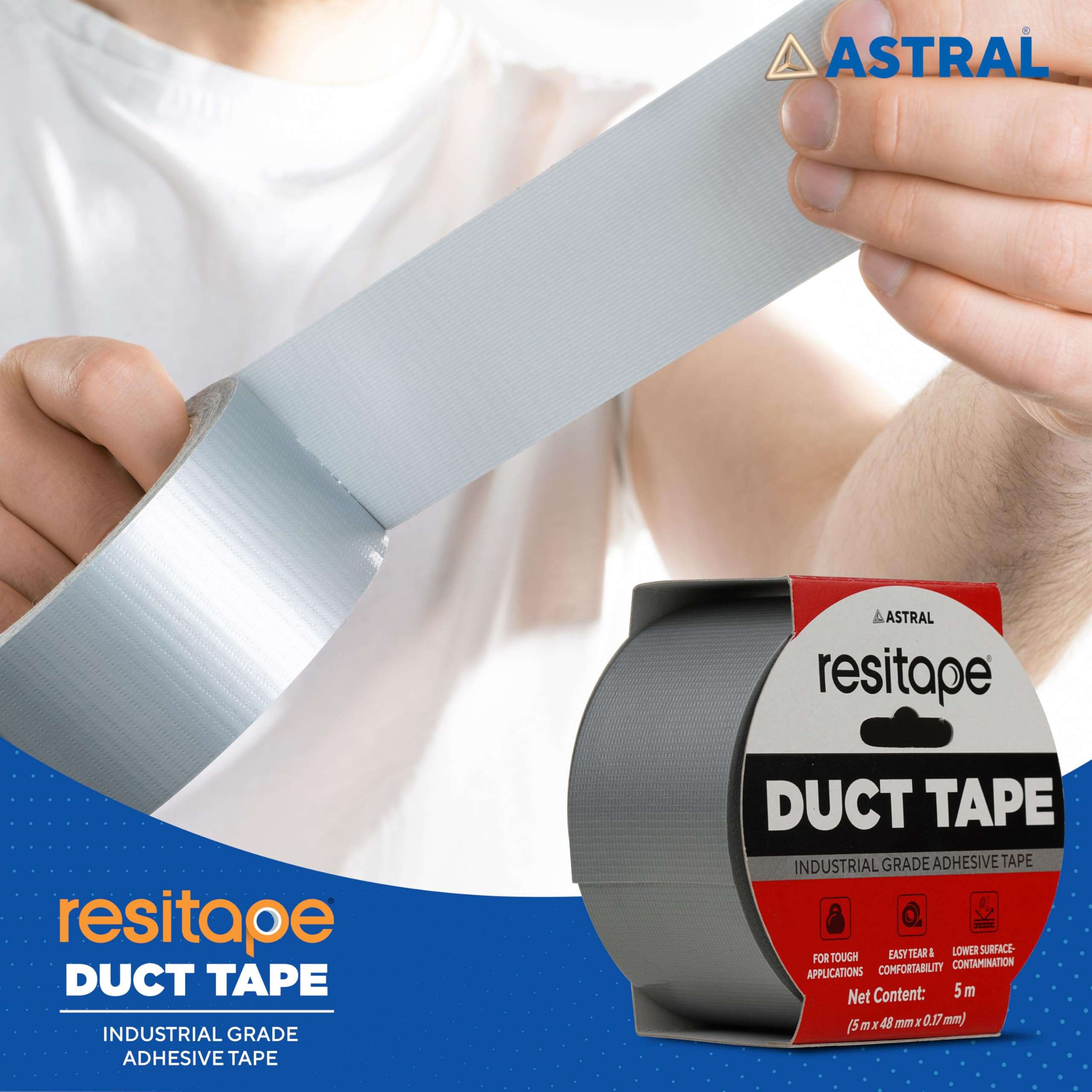 Resitape Astral Duct tapeIHeavy Duty Multi-Purpose IEasy Tear I Strong Grip & AdhesionIHigh Tensile Strength I Excellent Waterproofing I Versatile use for DIY 5mtr X 50 mm X 0.17mm 6
