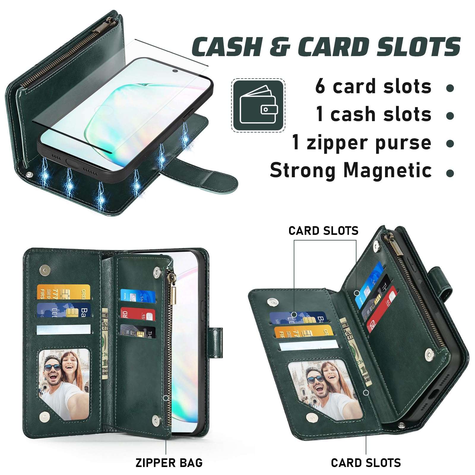 Asuwish Phone Case for Samsung Galaxy Note 10 5G Zipper Wallet Magnetic Detachable Cell Cover with Screen Protector Crossbody Lanyard Strap Flip Card Holder Slot Note10 6.3" (2019) Men Dark Green 4